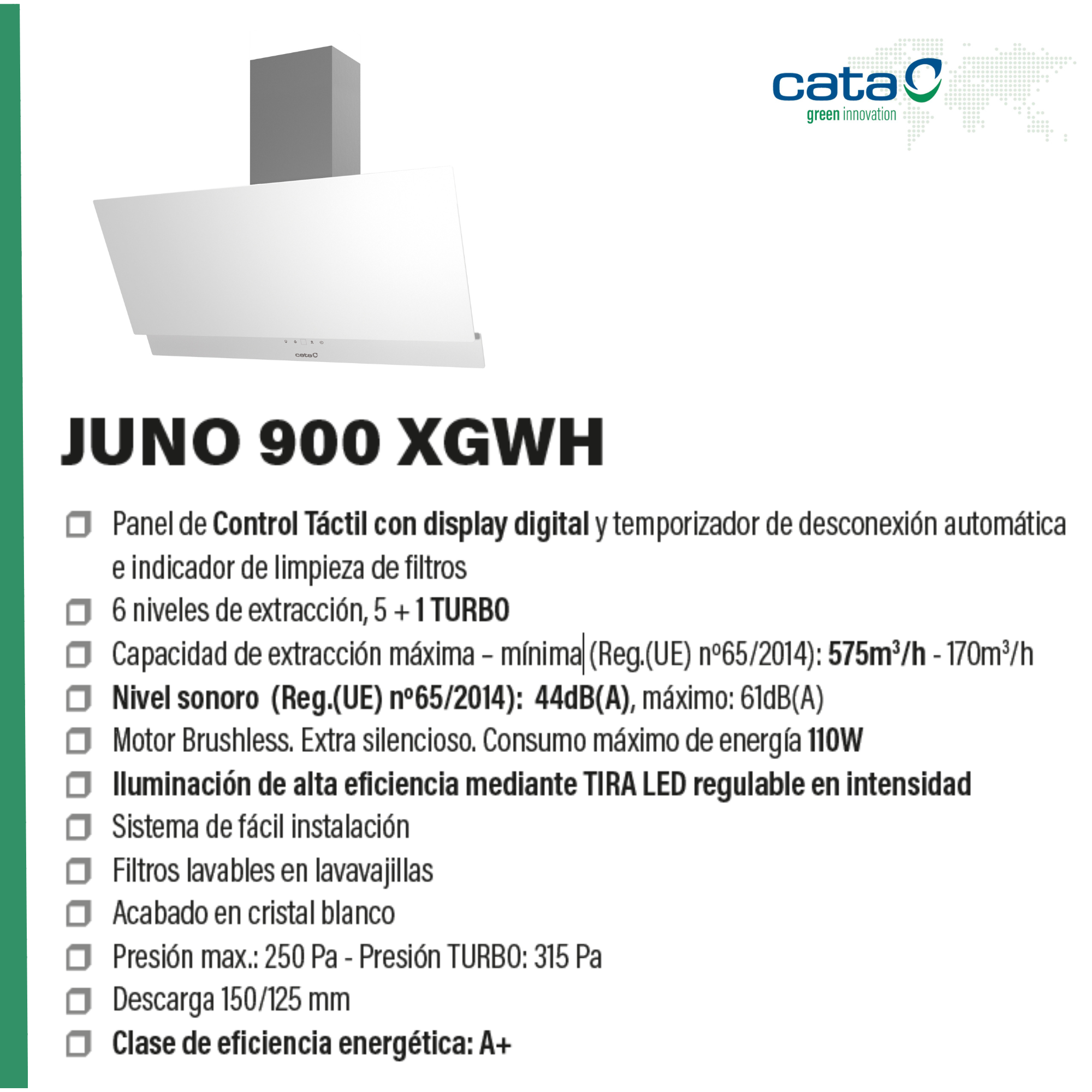 Una campana extractora blanca con texto e iconos, el diseño es moderno y elegante.