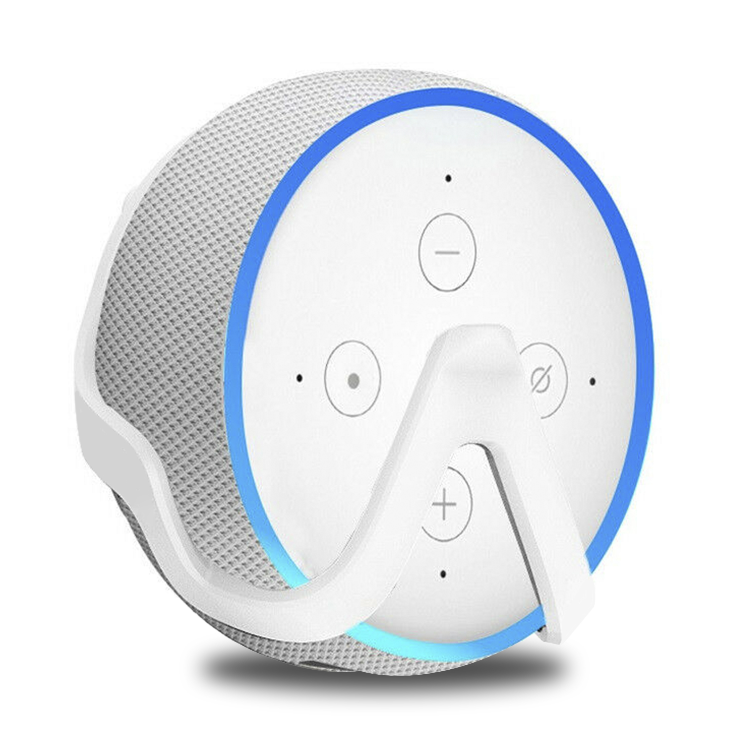 Weißer Smart Speaker mit weißem Ständer und blauem Lichtring.