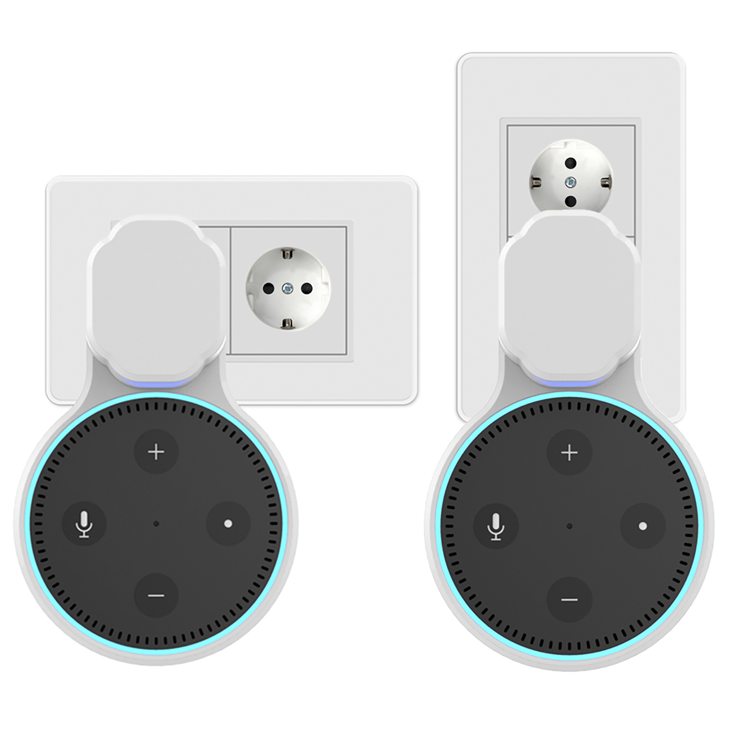 Zwei weiße Smart-Speaker-Stecker in Steckdosen, die das Gerät und die Steckdose zeigen.