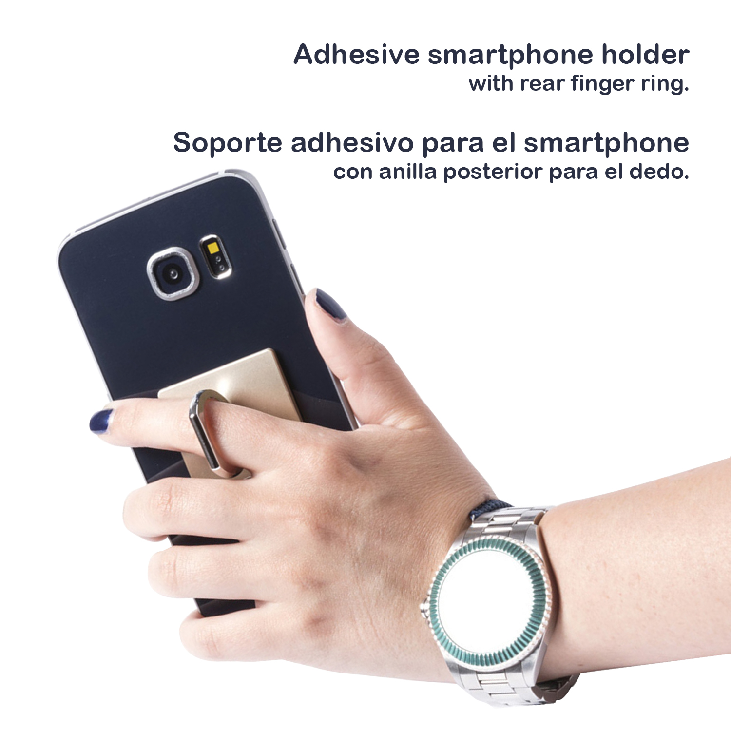 Una persona sosteniendo un teléfono con un agarre de anillo. El teléfono está en una funda.