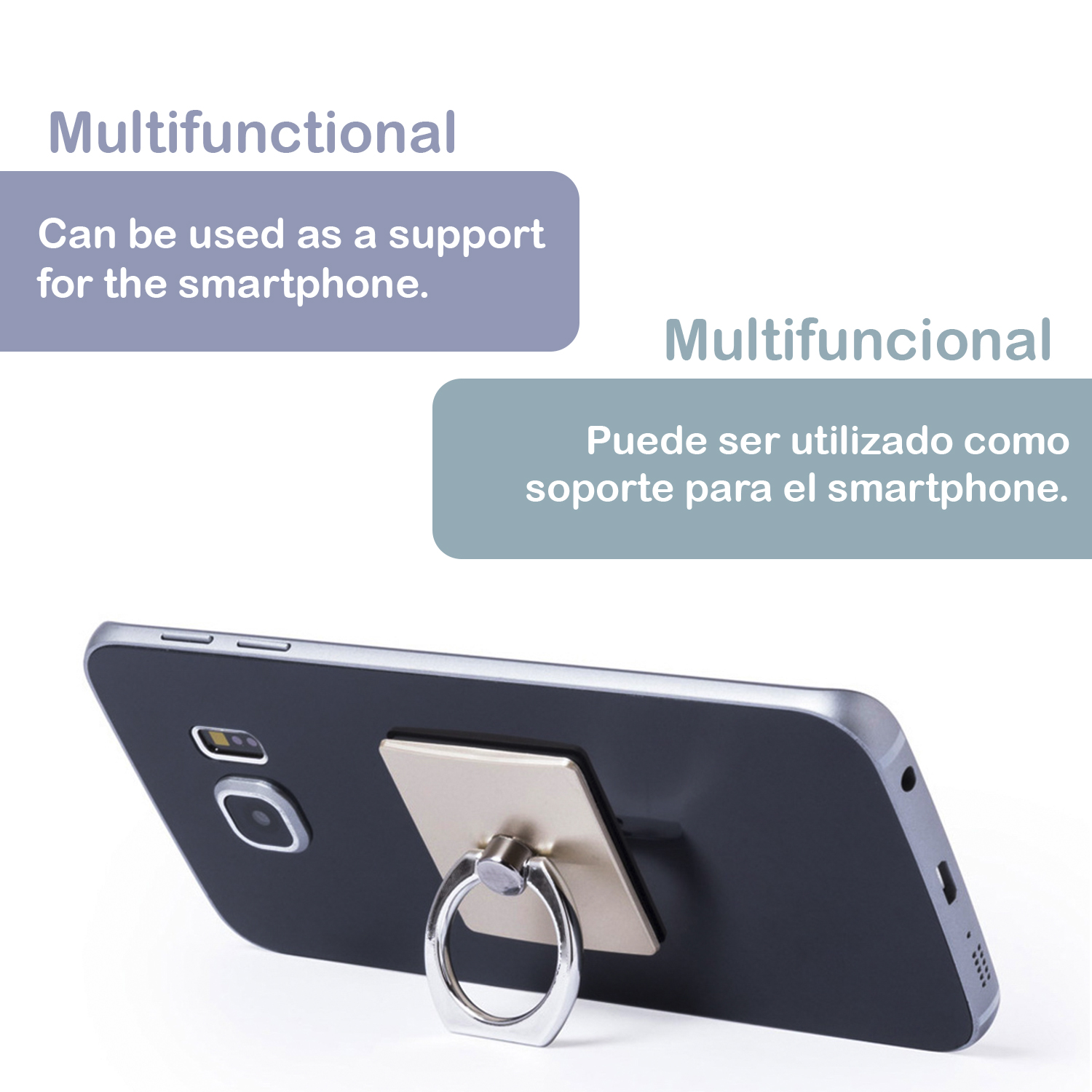 Smartphone negro con soporte de anillo en la parte trasera. El soporte es dorado. Texto: Multifuncional.
