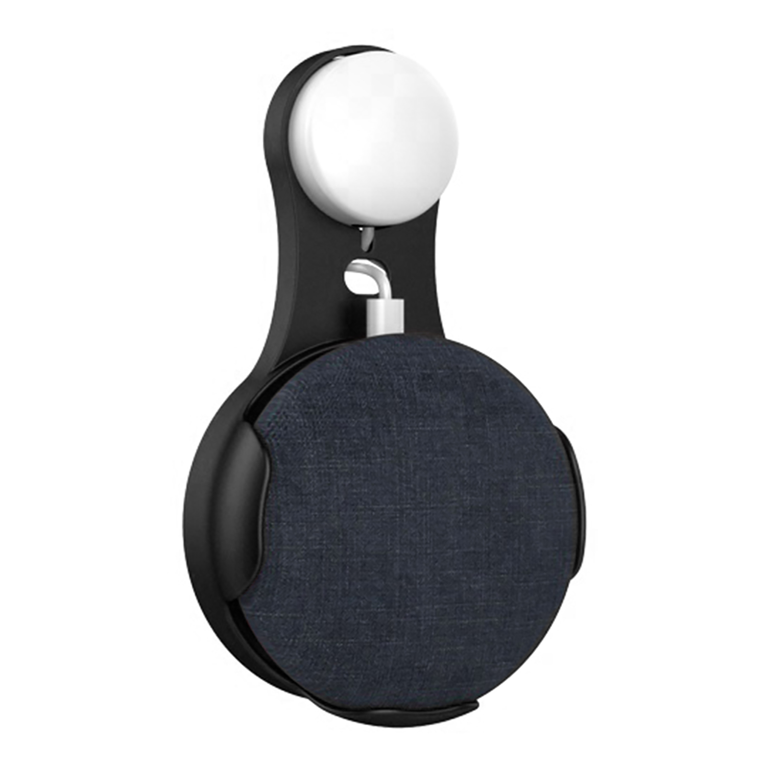 Ein Google Nest Mini in einer schwarzen Wandhalterung. Es hat eine weiße Oberseite und einen blauen Stoffboden.