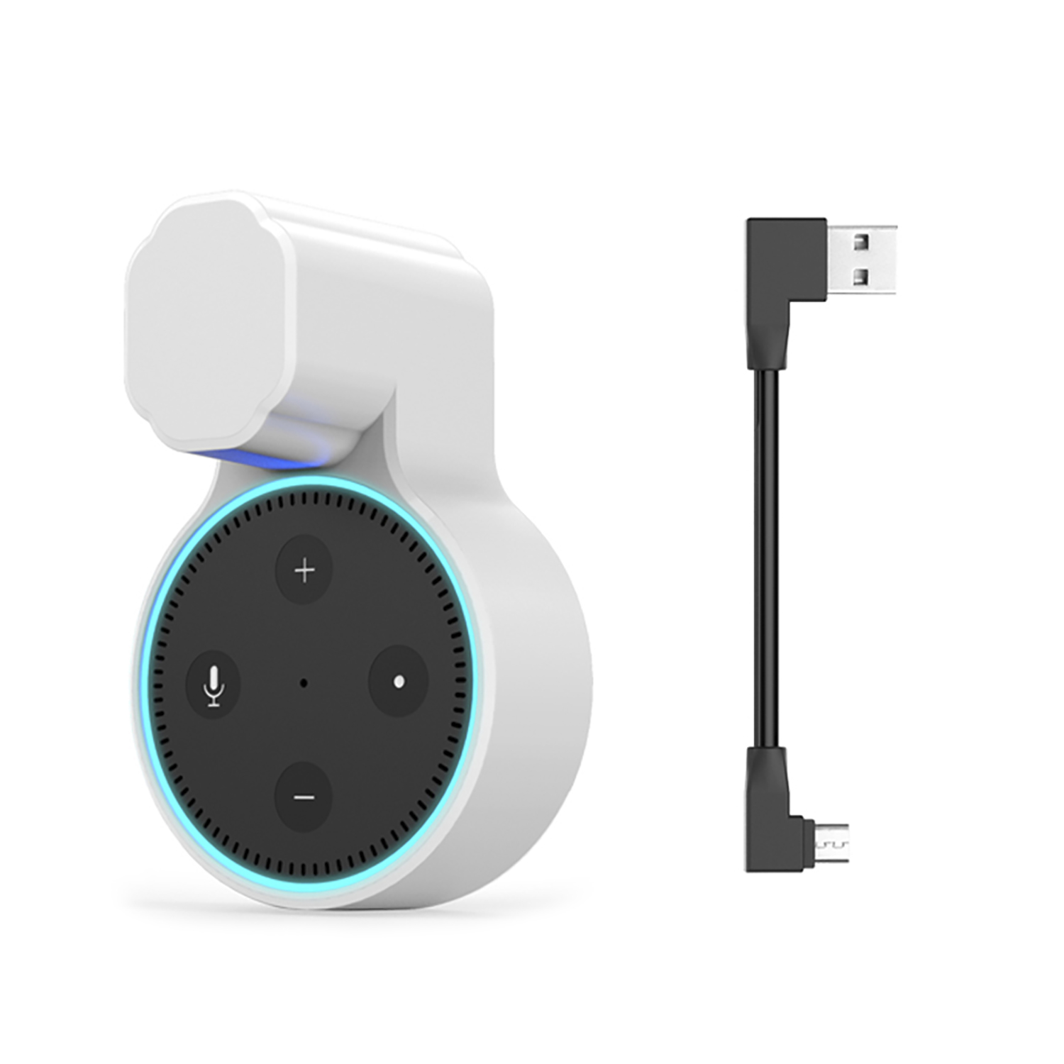 Ein weißer Smart-Lautsprecher mit schwarzer Lautsprecherfront und ein schwarzes USB-Kabel.