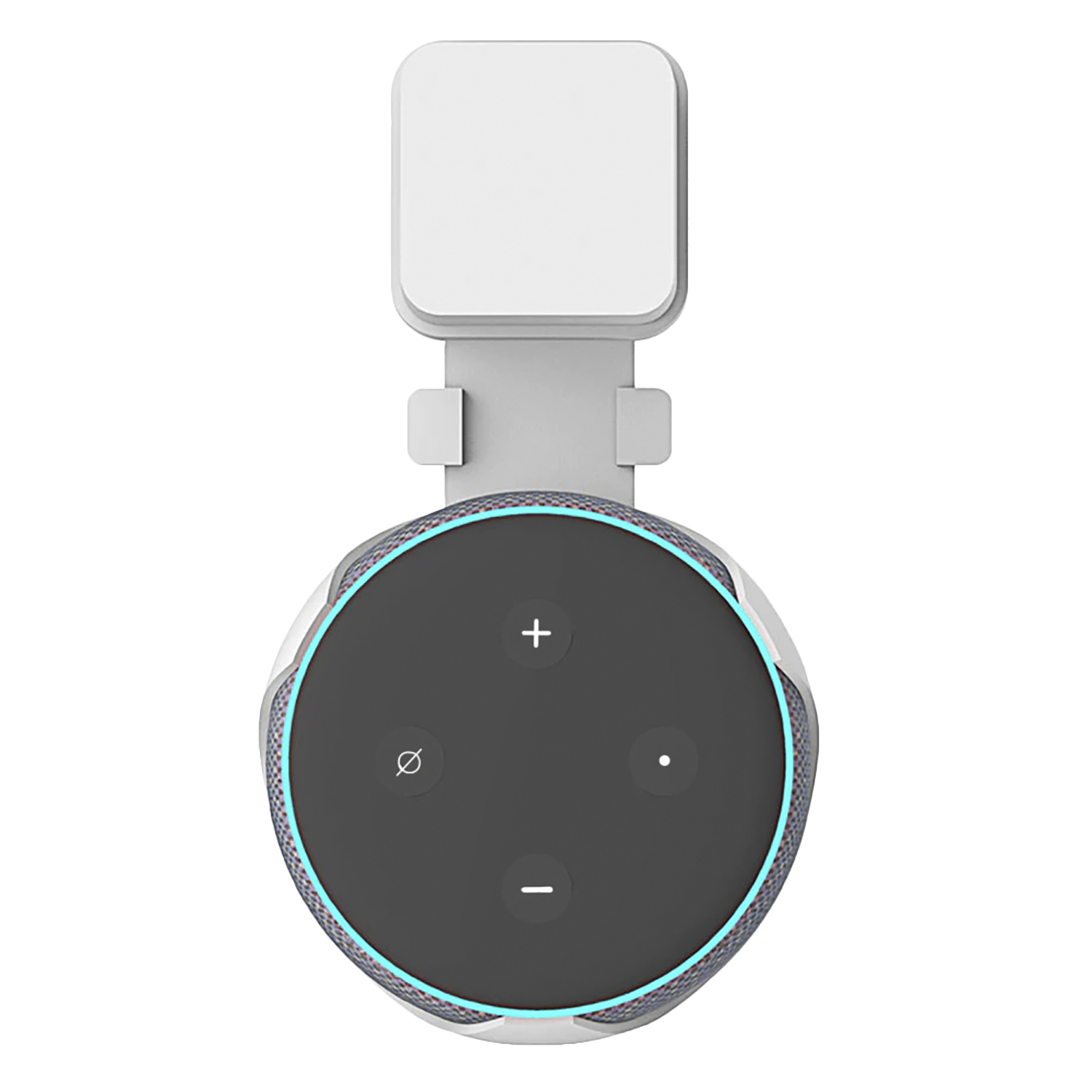 Un dispositivo Echo Dot collegato a una staffa di montaggio bianca. Ha pulsanti volume, mute e azione.