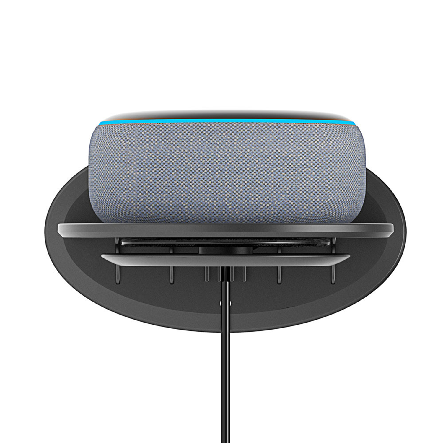 Ein grauer Smart Speaker auf einem schwarzen Ständer, Draufsicht. Der Lautsprecher hat einen blauen Ring oben.