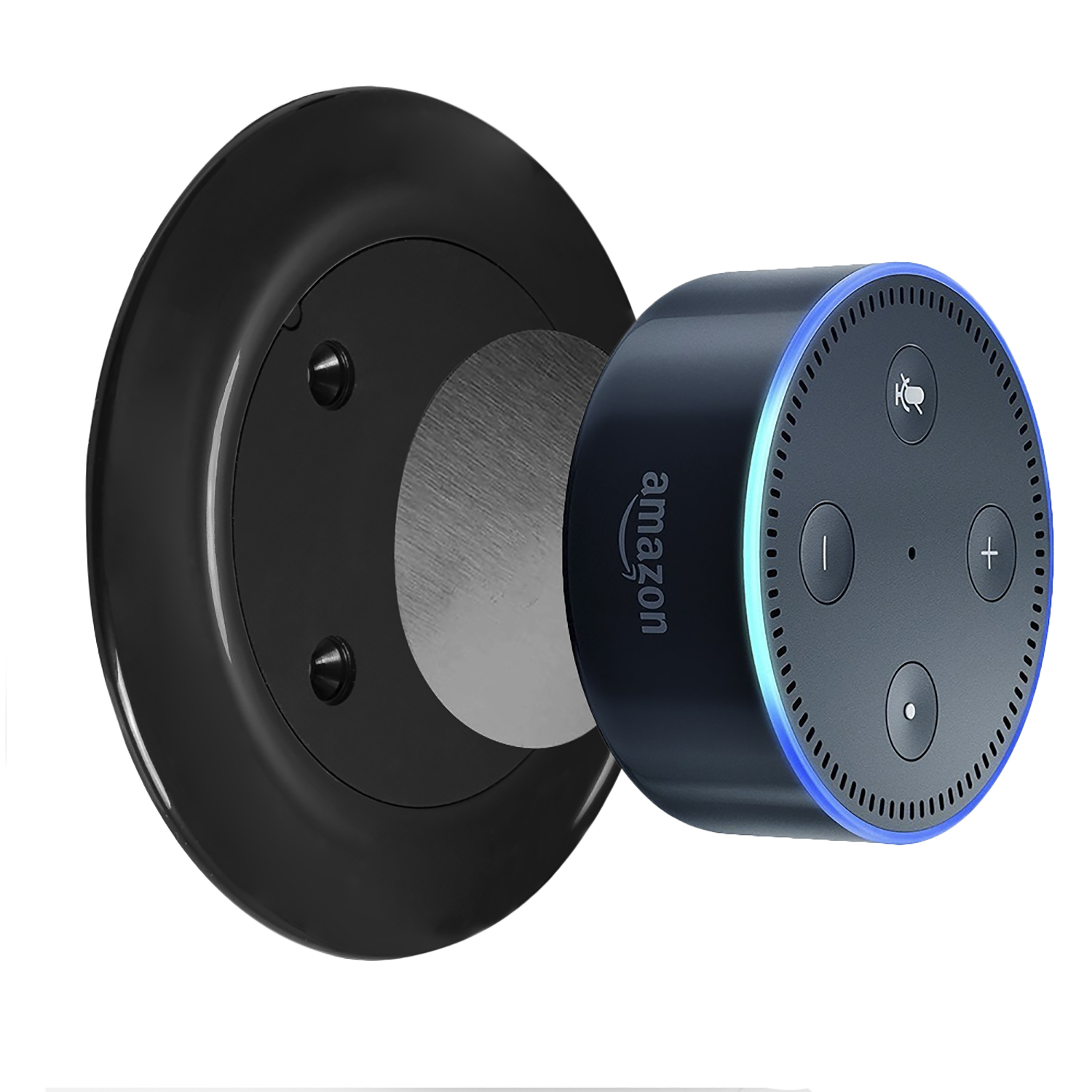 Dispositivo Amazon Echo Dot nero collegato a un supporto a parete nero.