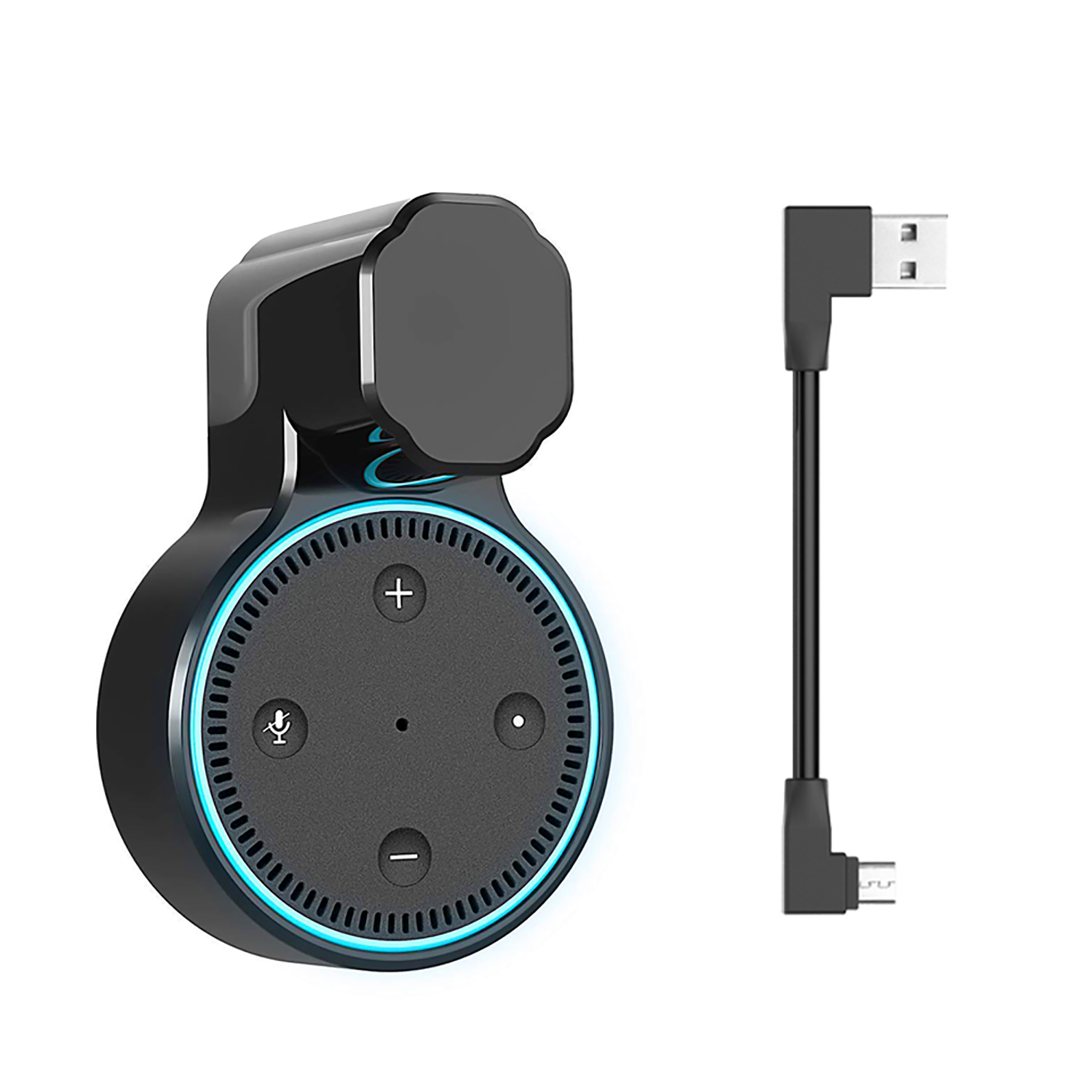 Schwarzer Amazon Echo Dot mit schwarzem Montagezubehör und rechtwinkligem USB-Kabel.
