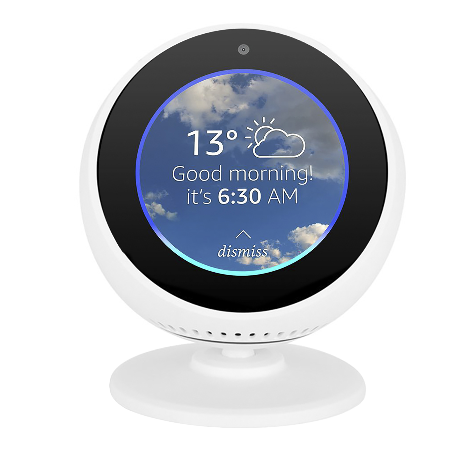 Dispositivo inteligente para el hogar con una pantalla que muestra el pronóstico del tiempo y la hora.