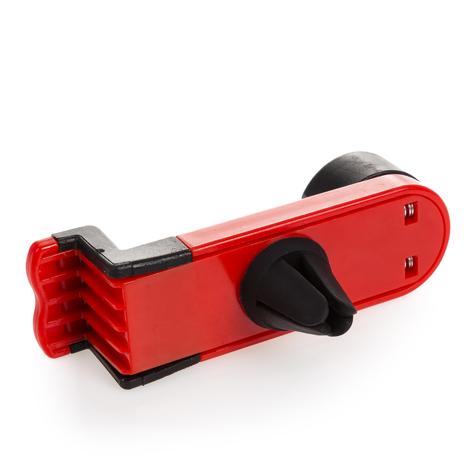 Soporte rojo para teléfono de coche con agarres negros y clip de ventilación.
