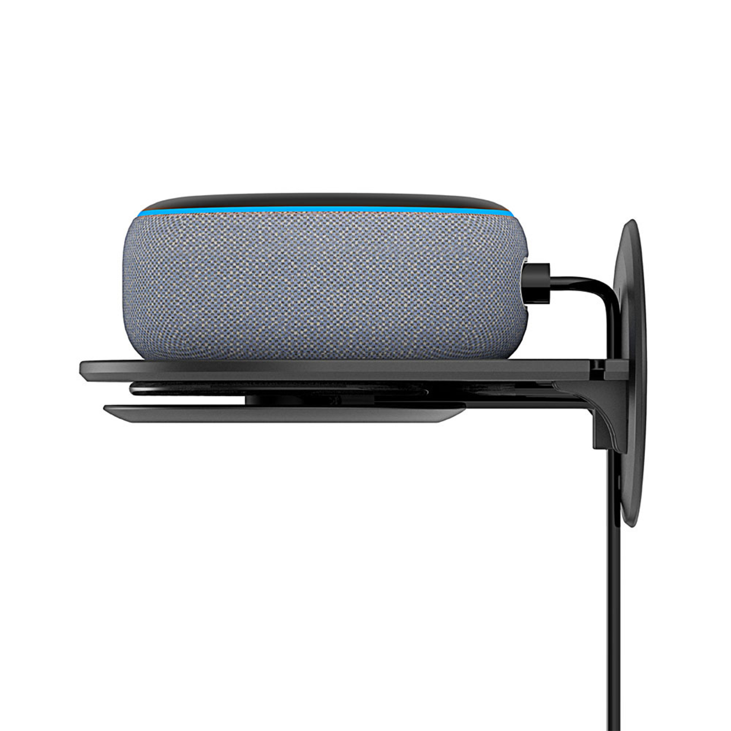 Smart Speaker auf schwarzem Regal montiert. Der Lautsprecher ist grau.