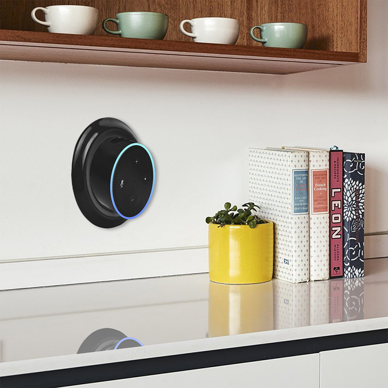 Un dispositivo Amazon Echo montato su una parete. Libri e una pianta sullo scaffale.