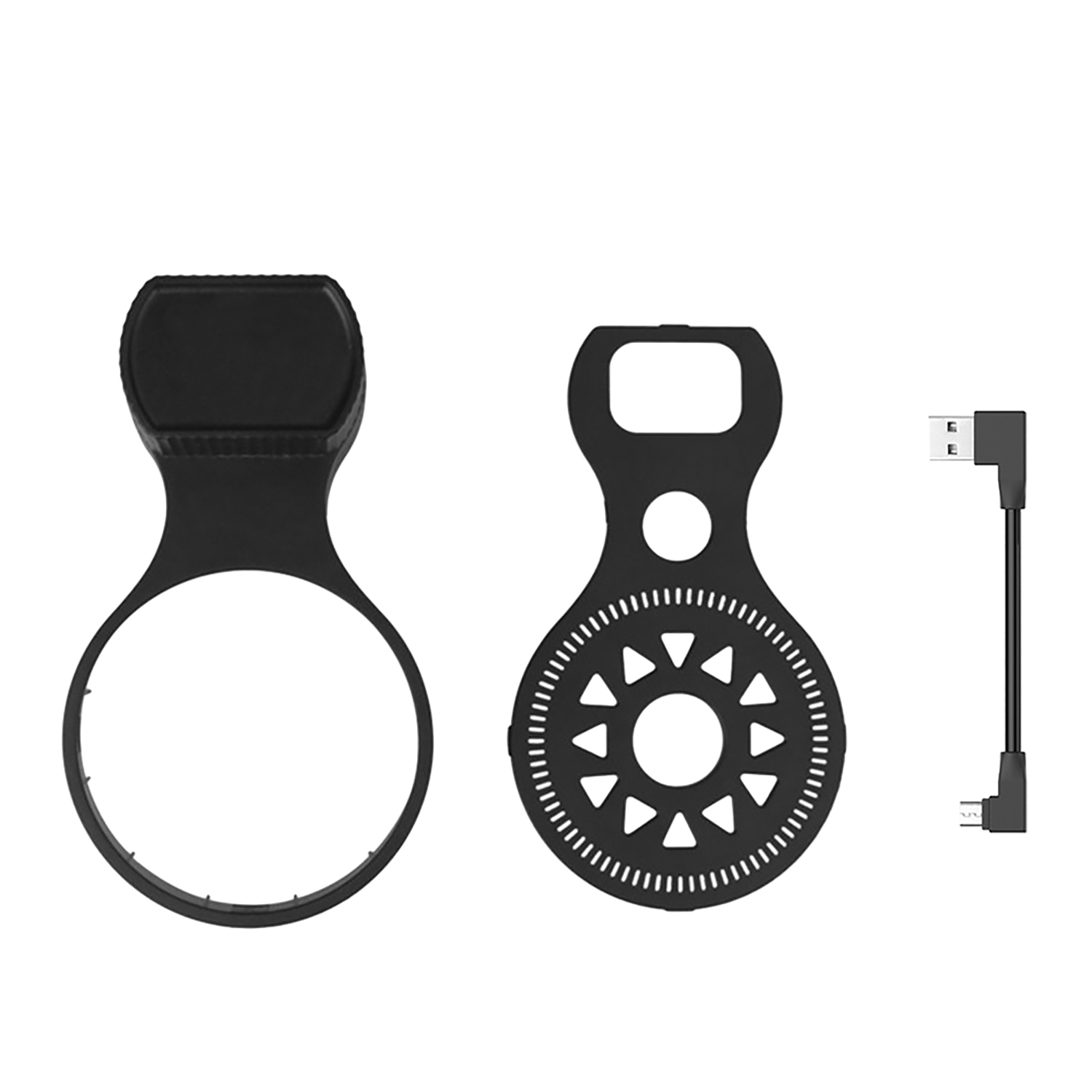 Schwarzes Lautsprecherzubehör: zwei Halterungen und ein USB-Kabel.