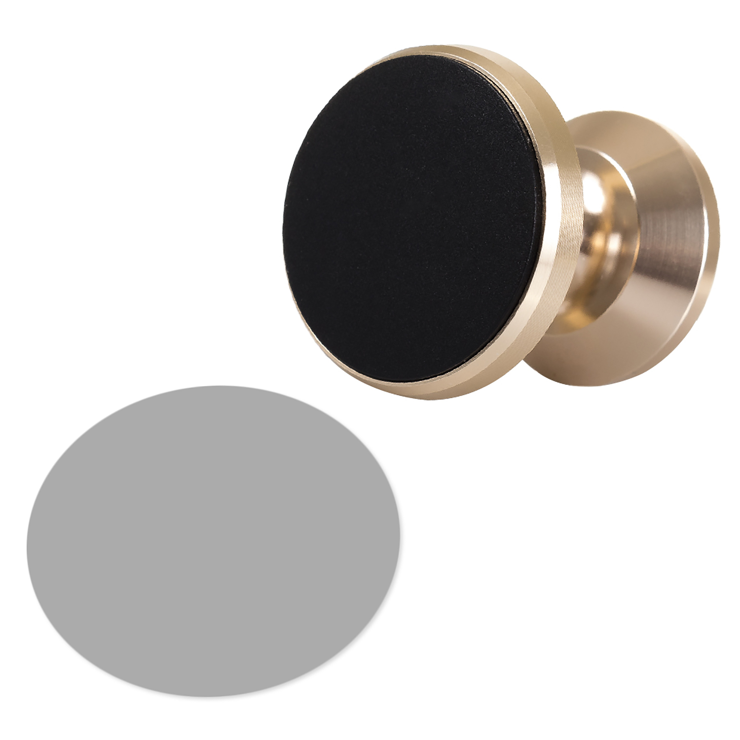 Soporte dorado para teléfono con un disco magnético negro. Hay un disco gris separado al lado.
