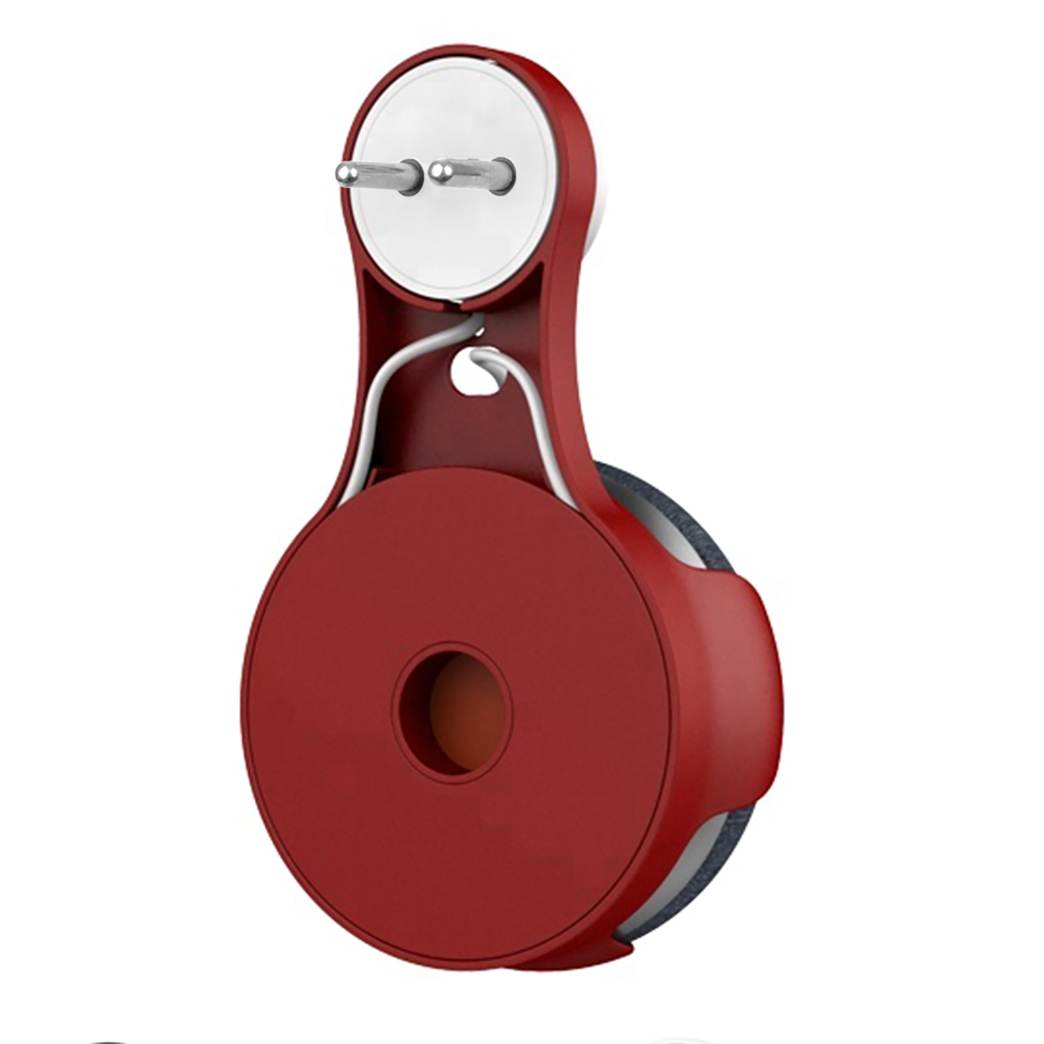 Enchufe de pared rojo Google Nest Mini. Fondo blanco.