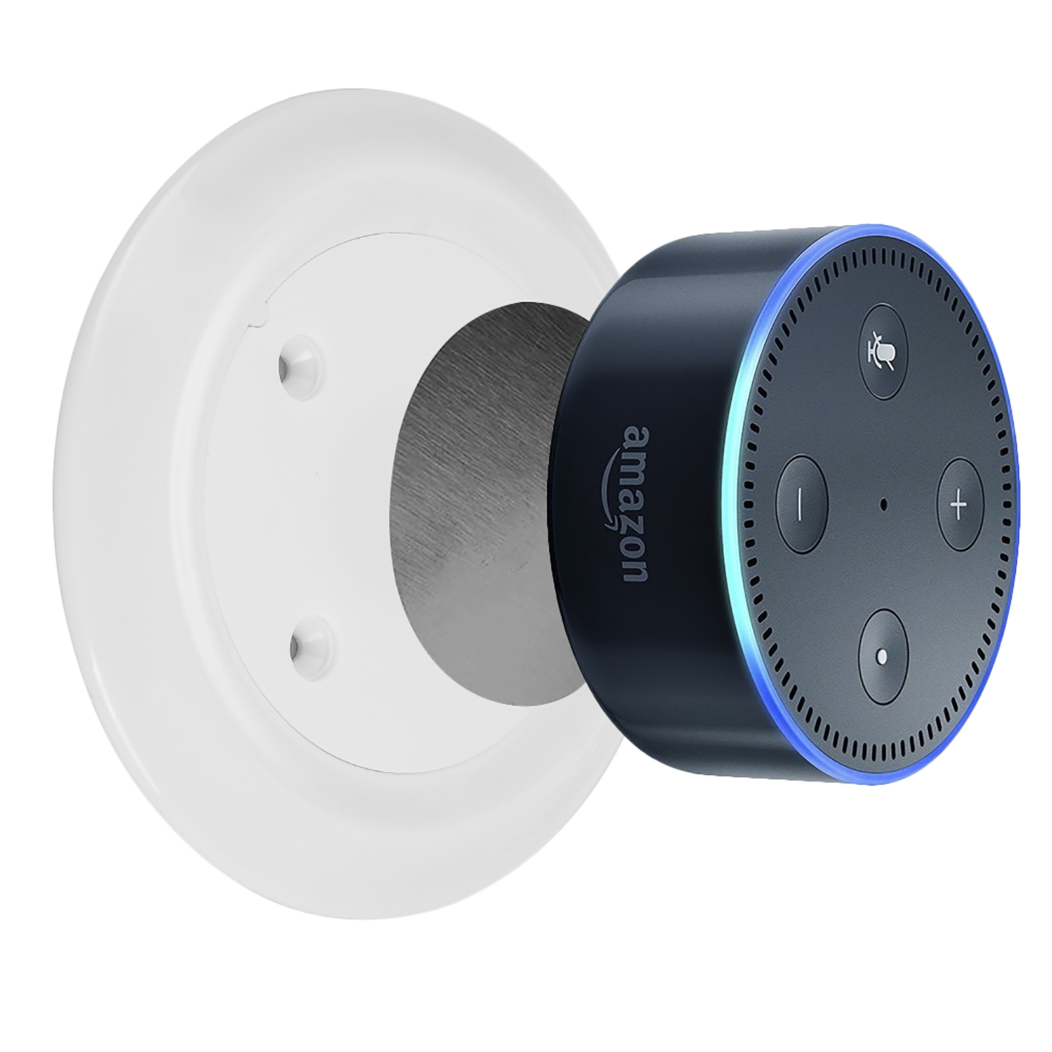 Amazon Echo Dot collegato a un supporto a parete bianco, che mostra l'anello luminoso blu dell'altoparlante.