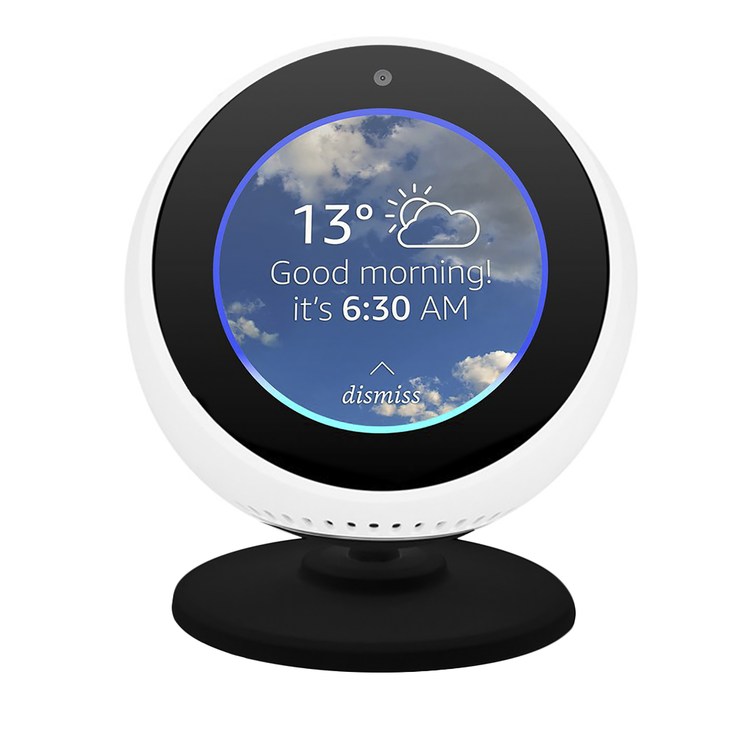 Pantalla inteligente blanca mostrando cielo azul con hora y clima.