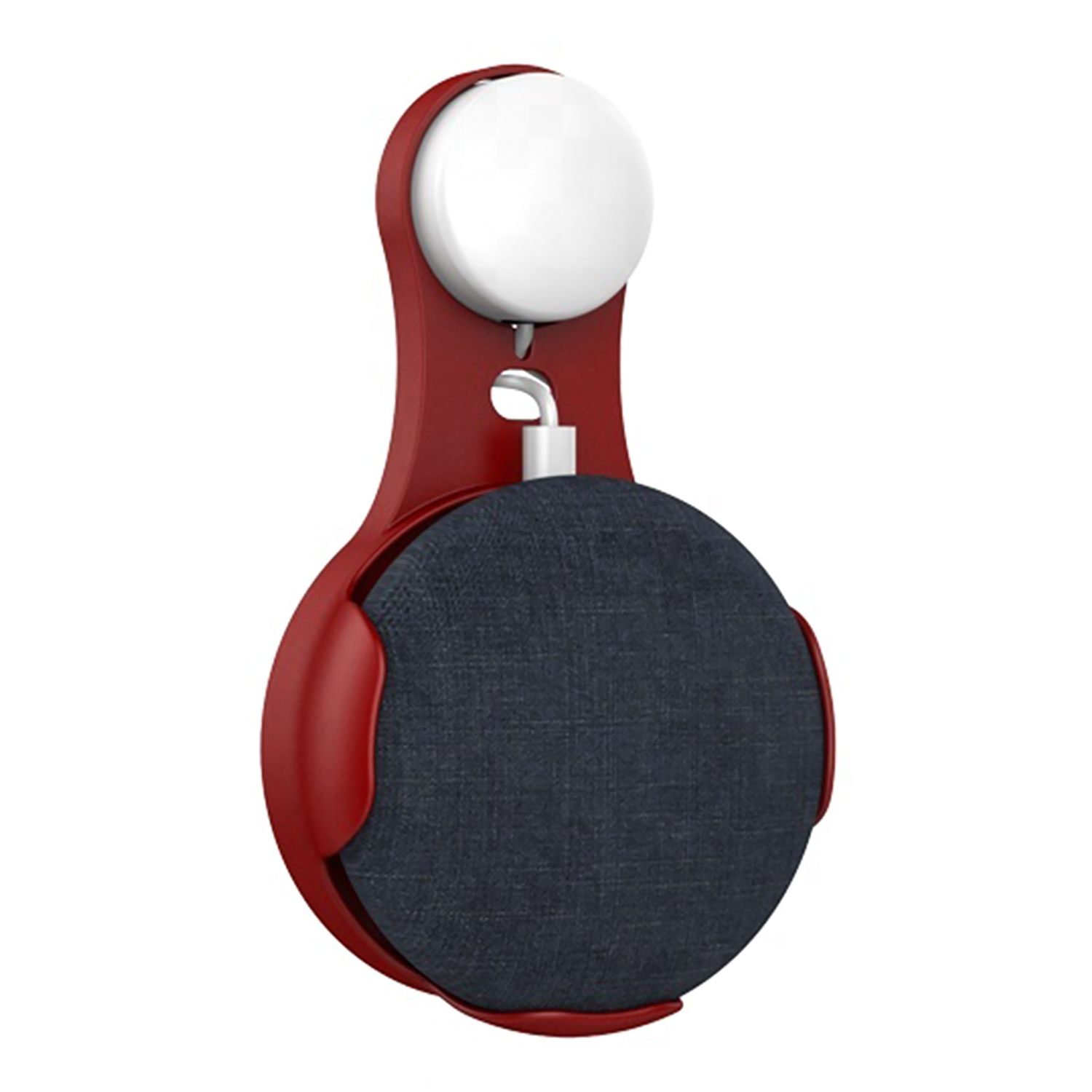 Un soporte rojo para Apple AirTag con una cubierta de tela azul oscuro, sobre fondo blanco.