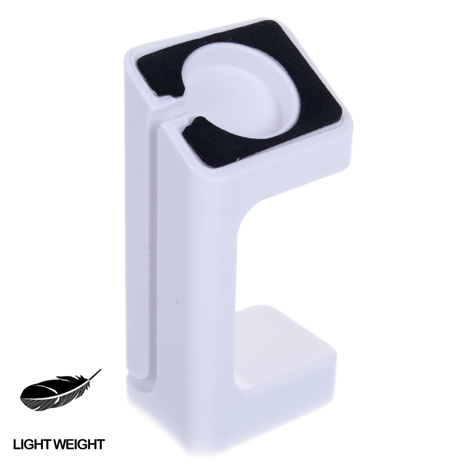Soporte de reloj blanco con cojín negro para un Apple Watch. Icono de pluma negra y texto 'LIGHT WEIGHT'.