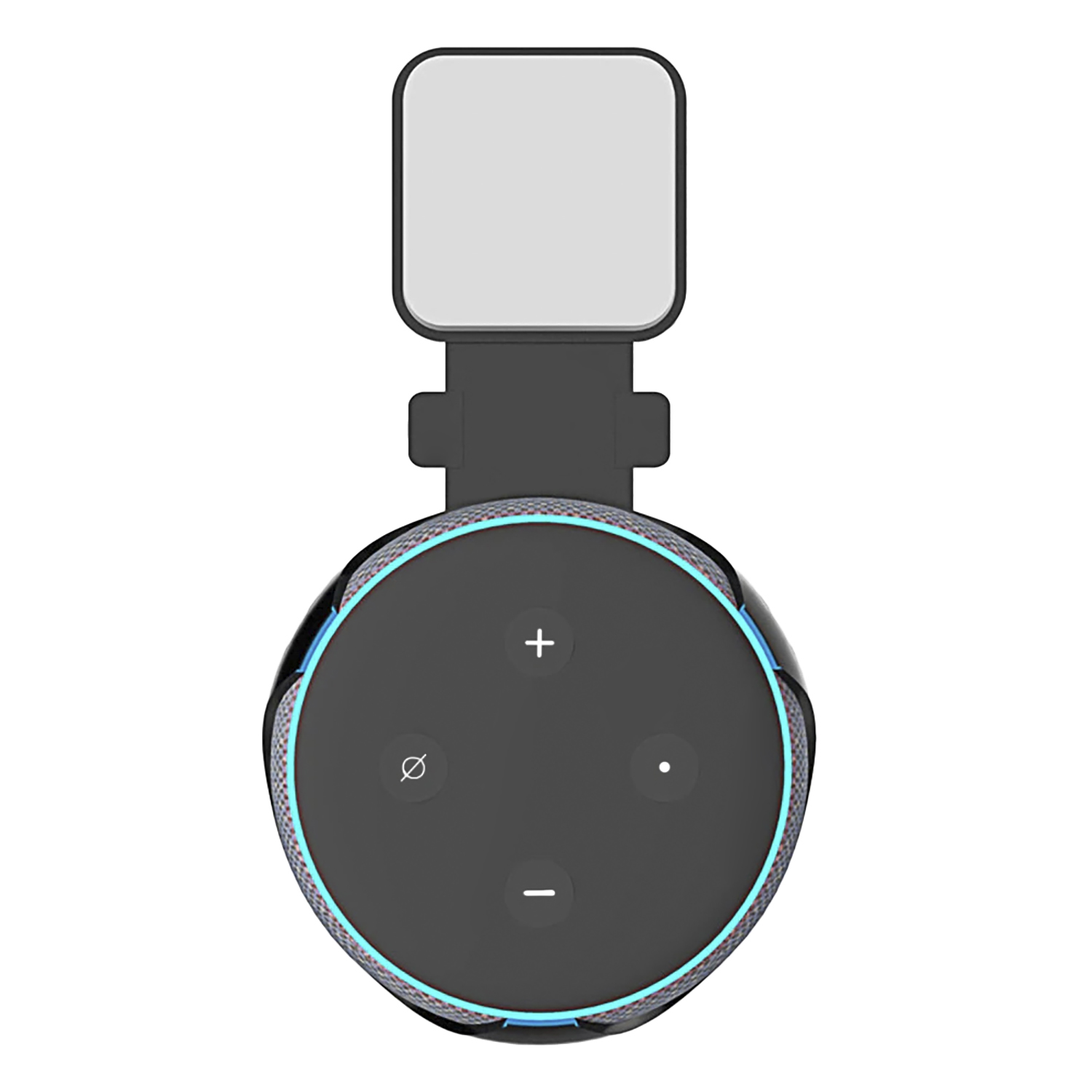 Vista dall'alto di uno smart speaker nero con pulsanti e un anello luminoso blu, su sfondo bianco.