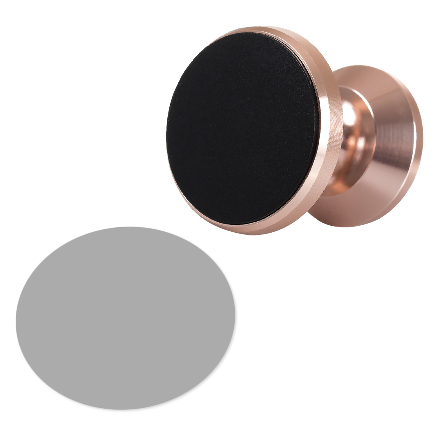 Soporte para teléfono de coche oro rosa con una almohadilla circular negra y un disco plateado.