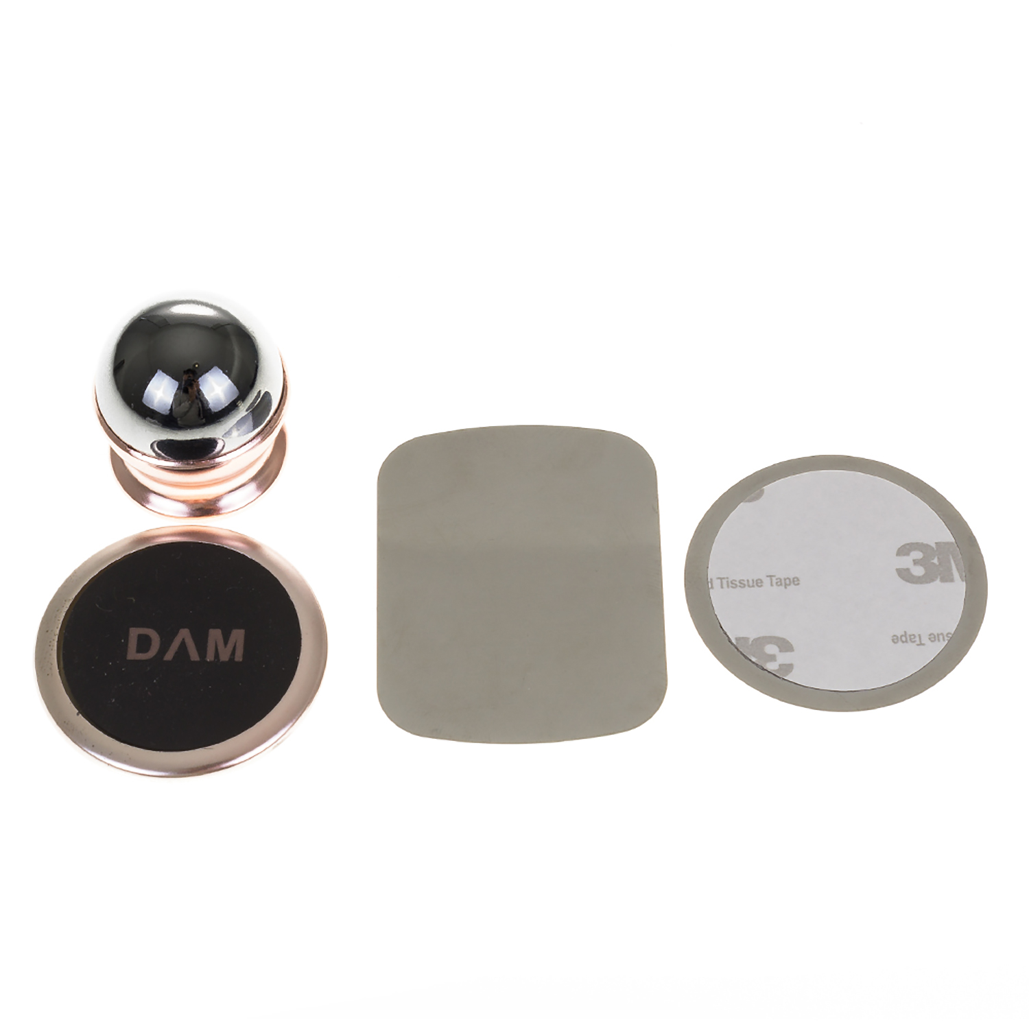 Accesorios para un soporte de teléfono: una bola magnética, un disco de metal y una almohadilla adhesiva cuadrada.