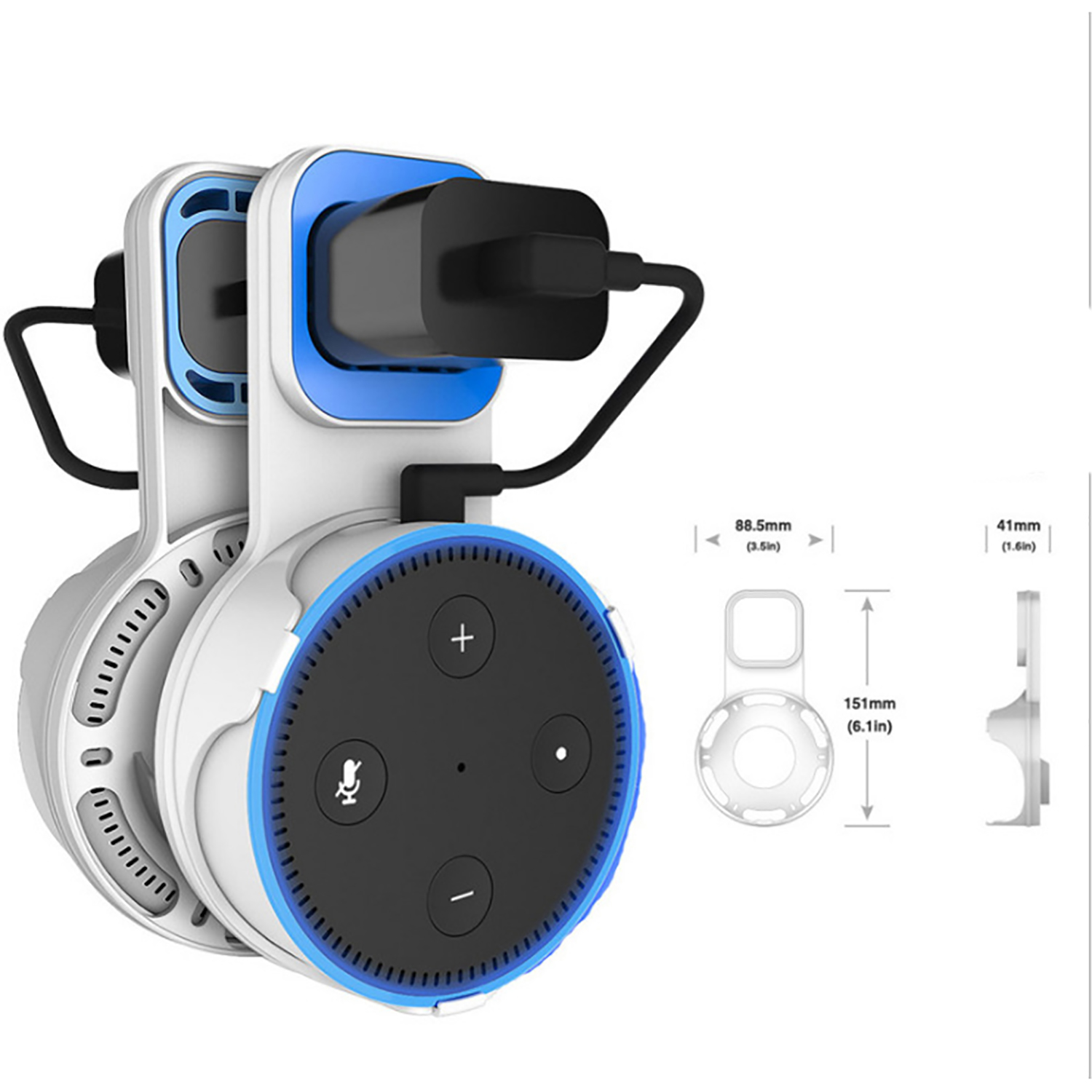 Weiß-blauer Smart-Lautsprecher mit Ladegerät und Abmessungen.