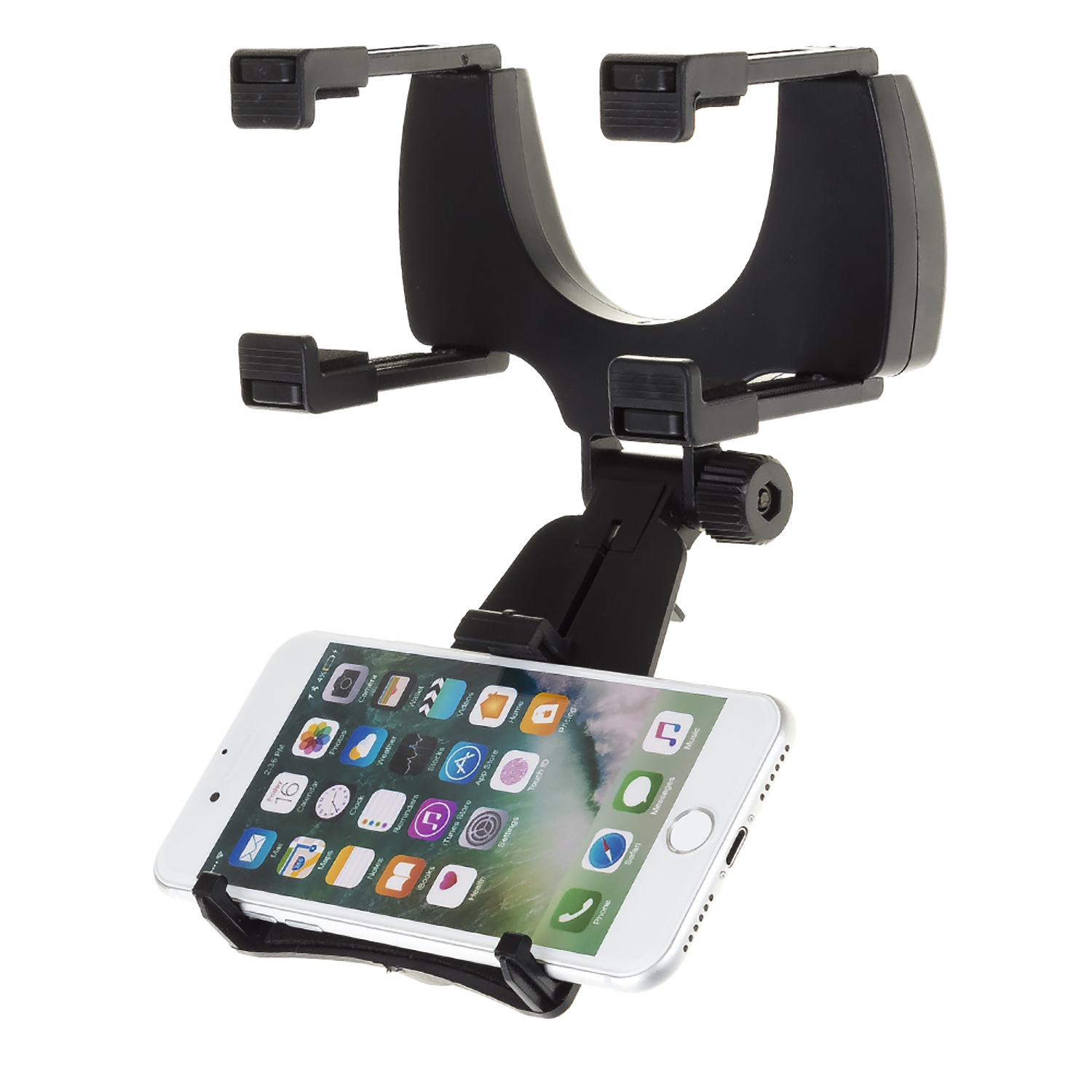 Soporte de teléfono negro con un iPhone blanco adjunto. El teléfono está en el soporte.