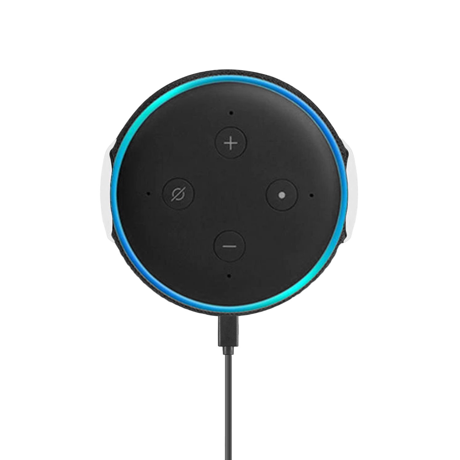 Un altavoz inteligente negro y redondo con botones, un cable y un anillo de luz azul.
