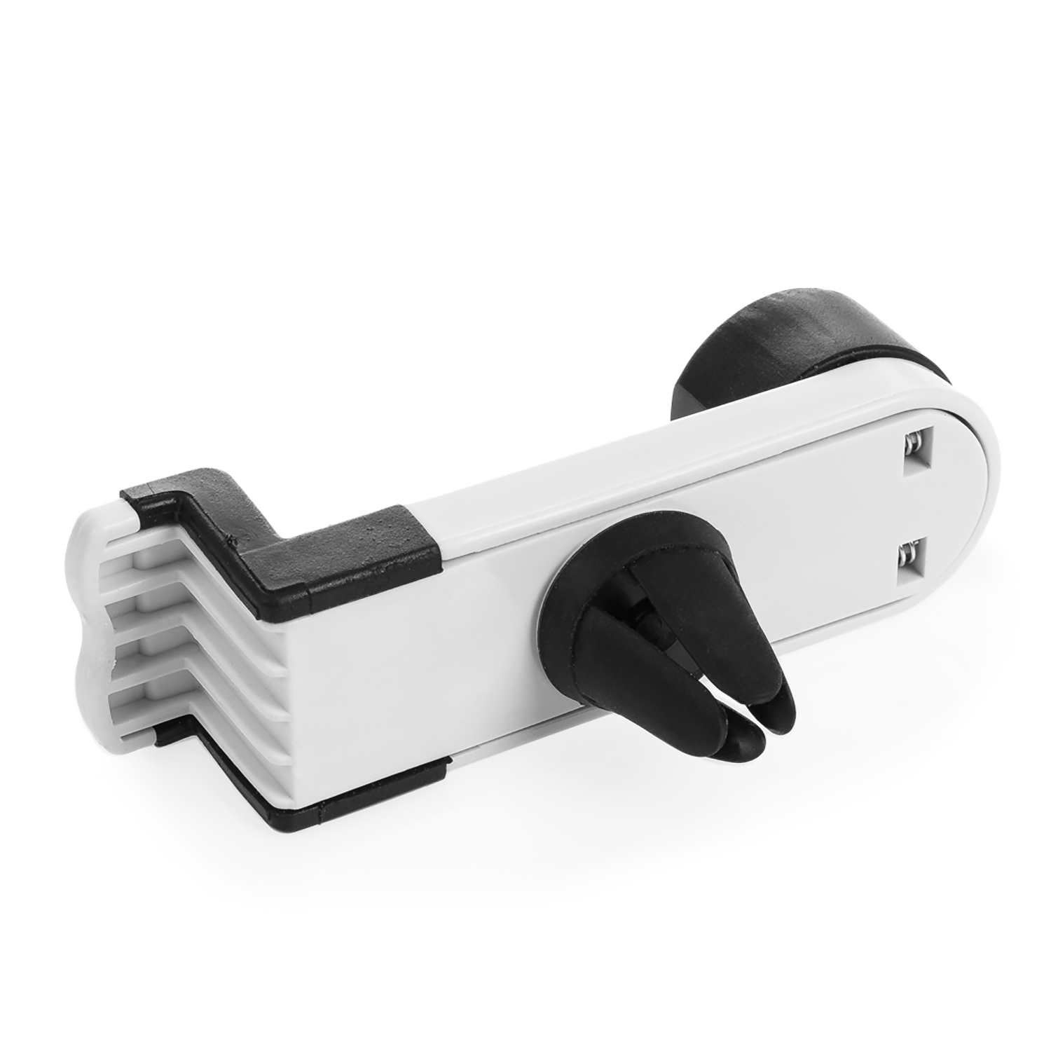 Soporte para teléfono blanco y negro para un coche. El fondo es blanco.