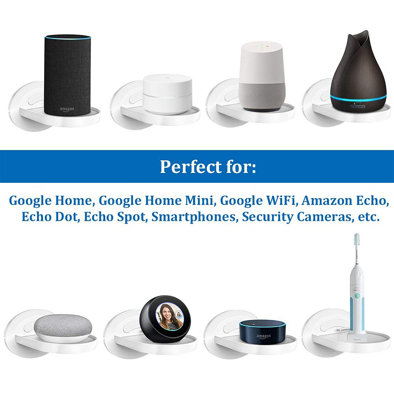 Verschiedene Smart Speaker auf weißen Regalen. Blauer Text.