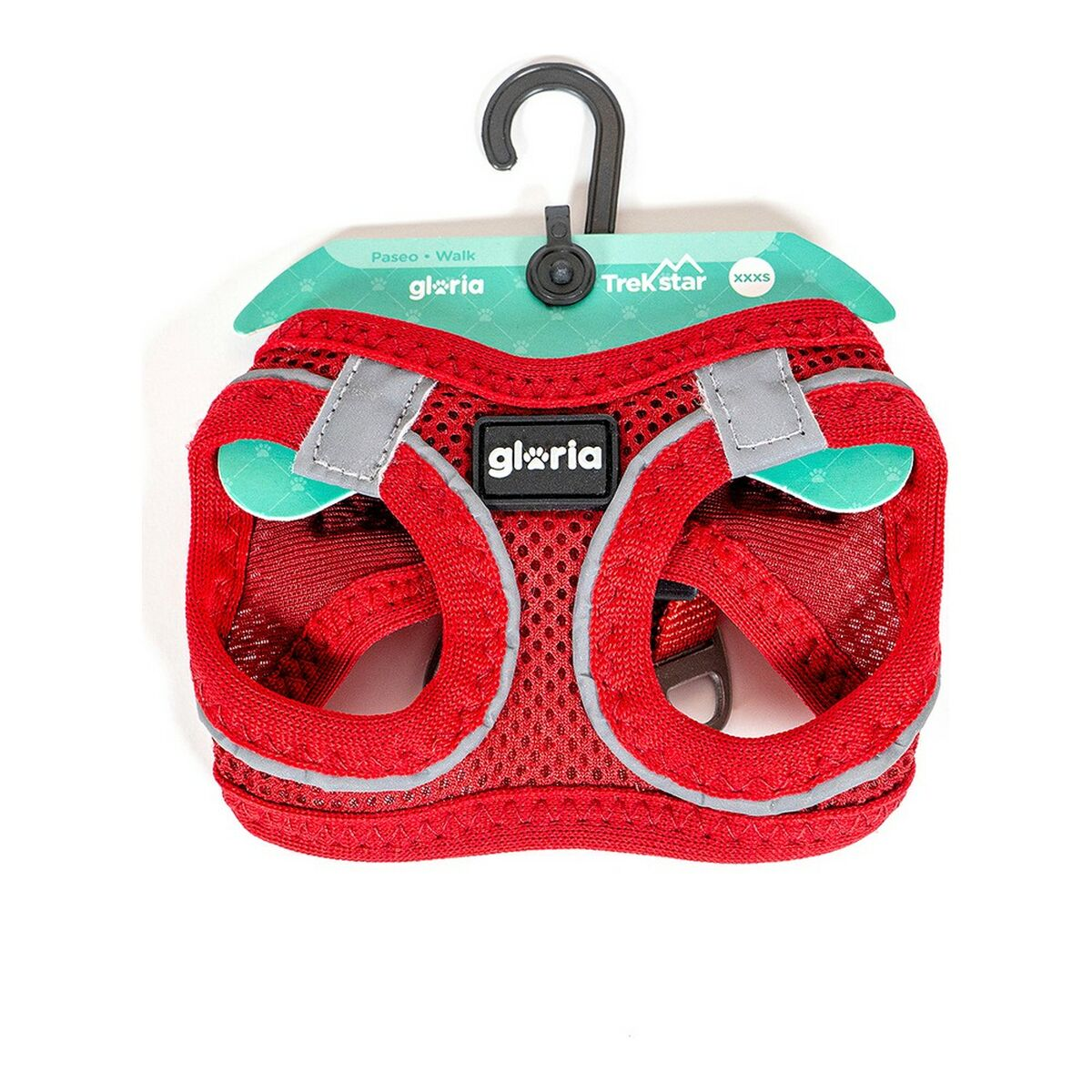Rotes Hunde-Mesh-Geschirr mit schwarzem Haken und Etikett. Weißer Hintergrund.