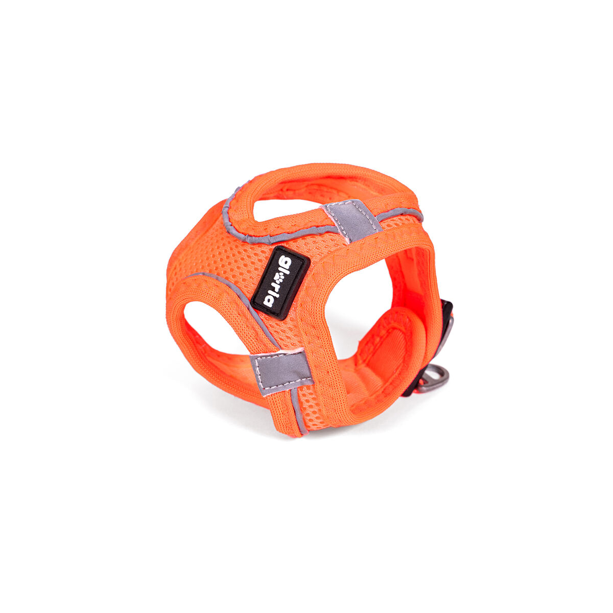 Orangener Hunde-Harness mit reflektierenden Streifen. Der Harness hat den Markennamen 'Gloria'.