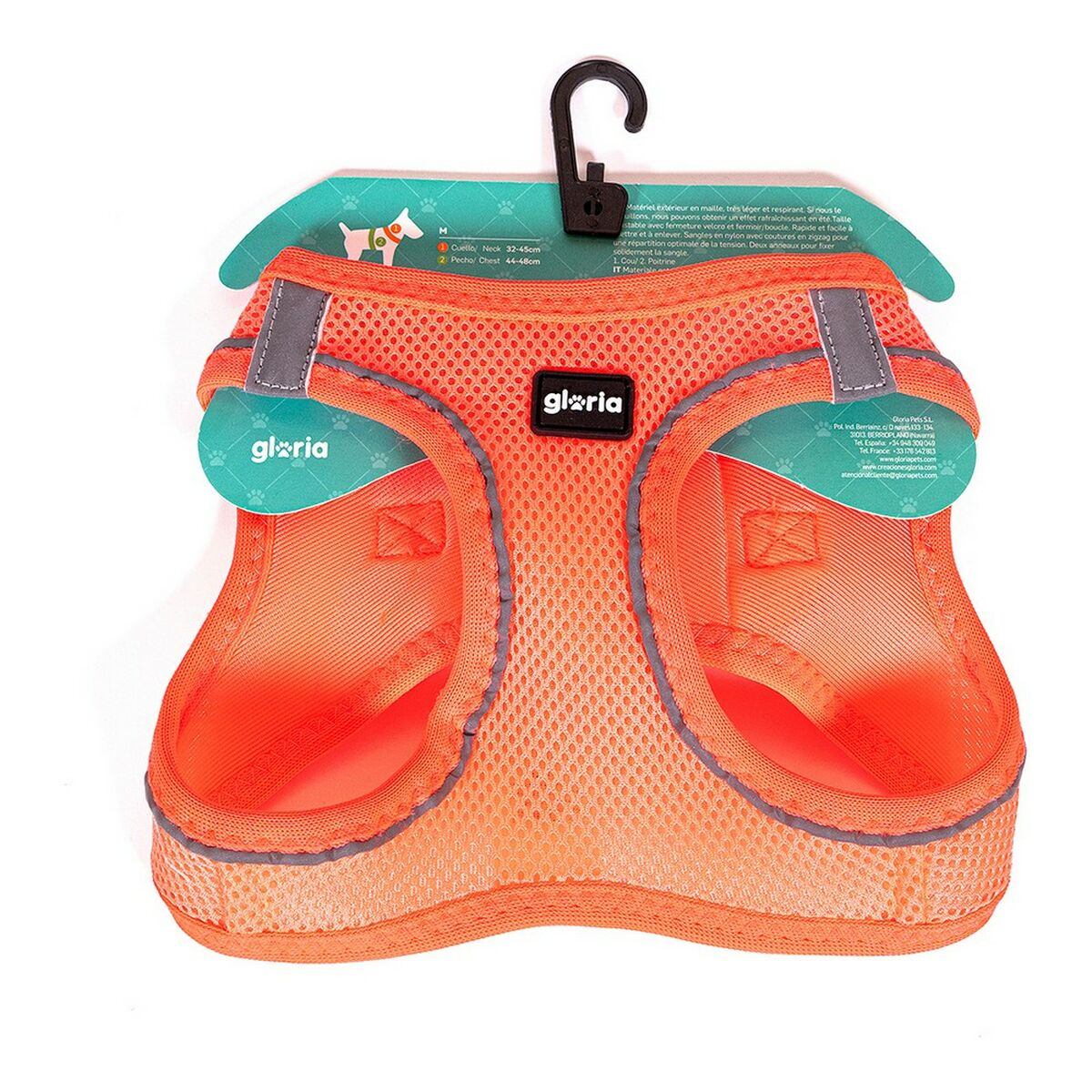 Orangener Hunde-Geschirr mit Mesh-Design, reflektierenden Streifen und schwarzem Haken. Der Markenname "gloria" ist sichtbar.