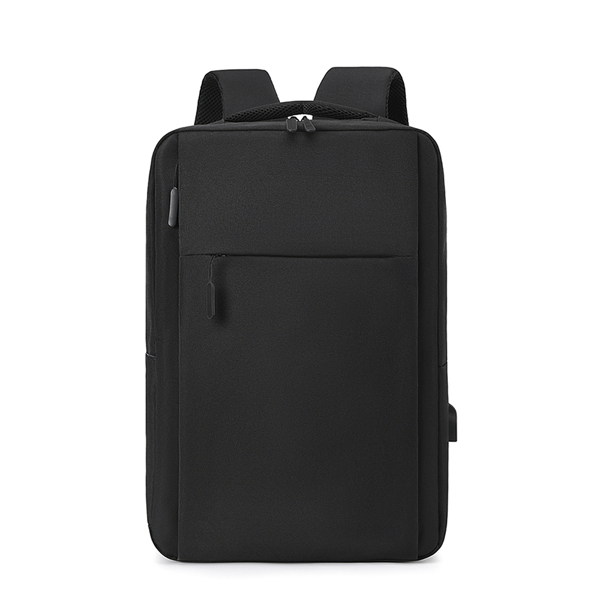 Zaino nero con due cerniere e una porta USB, su sfondo bianco.