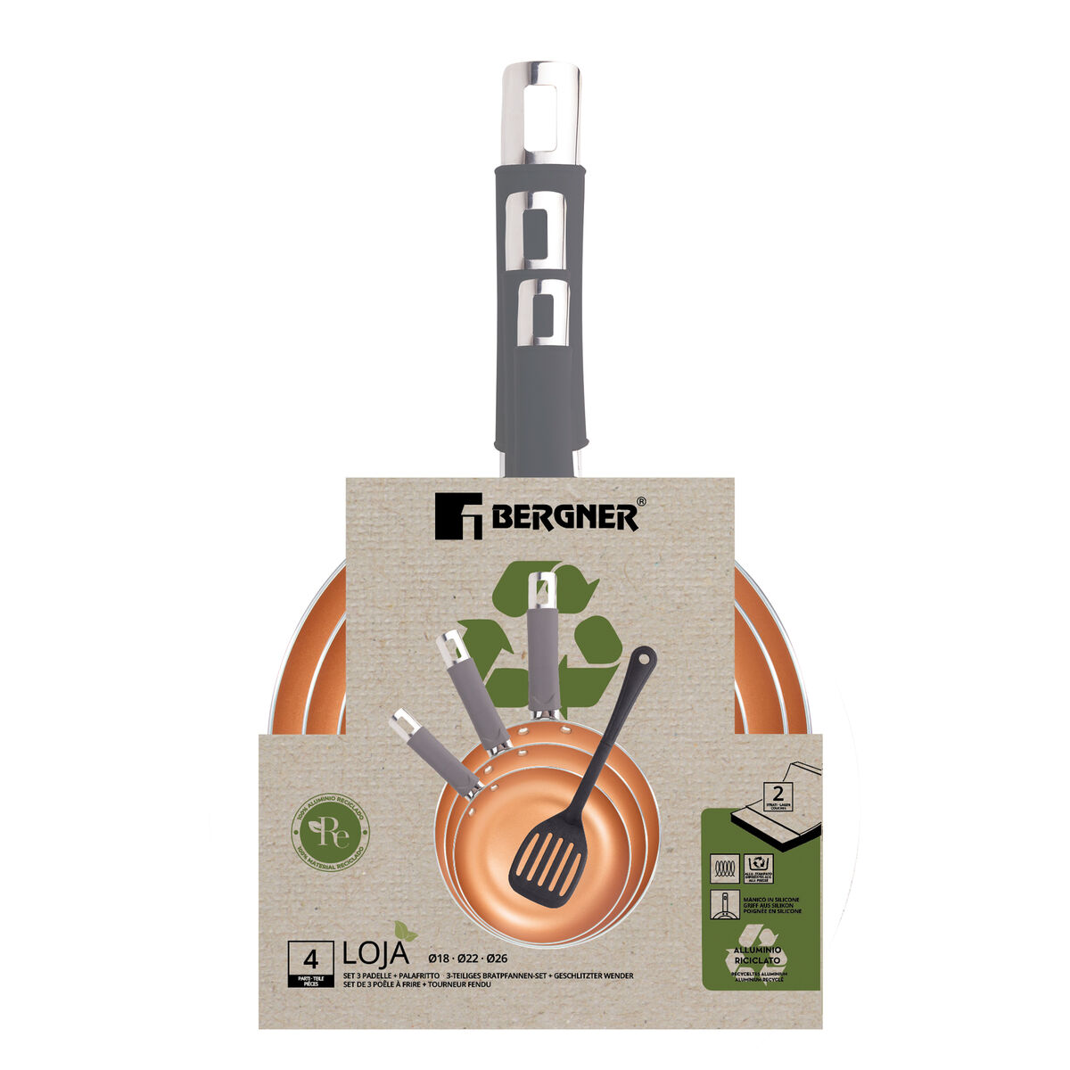 Orangefarbene Bratpfanne mit grauem Griff und Verpackung mit Text.