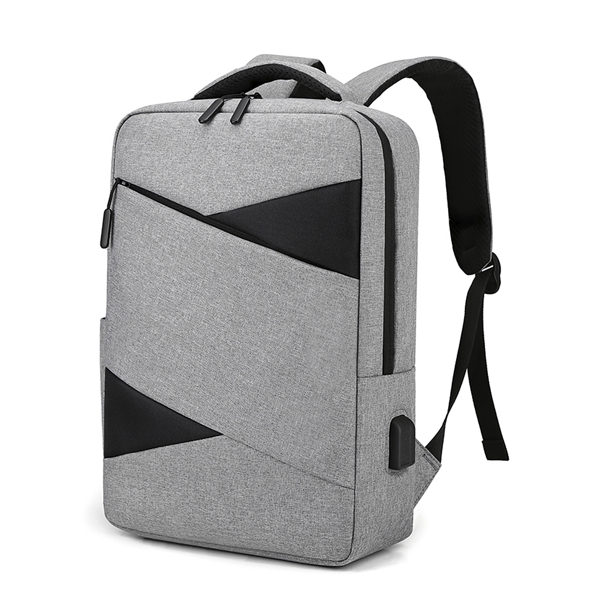 Zaino grigio con dettagli neri. Ha una porta USB e una cerniera.
