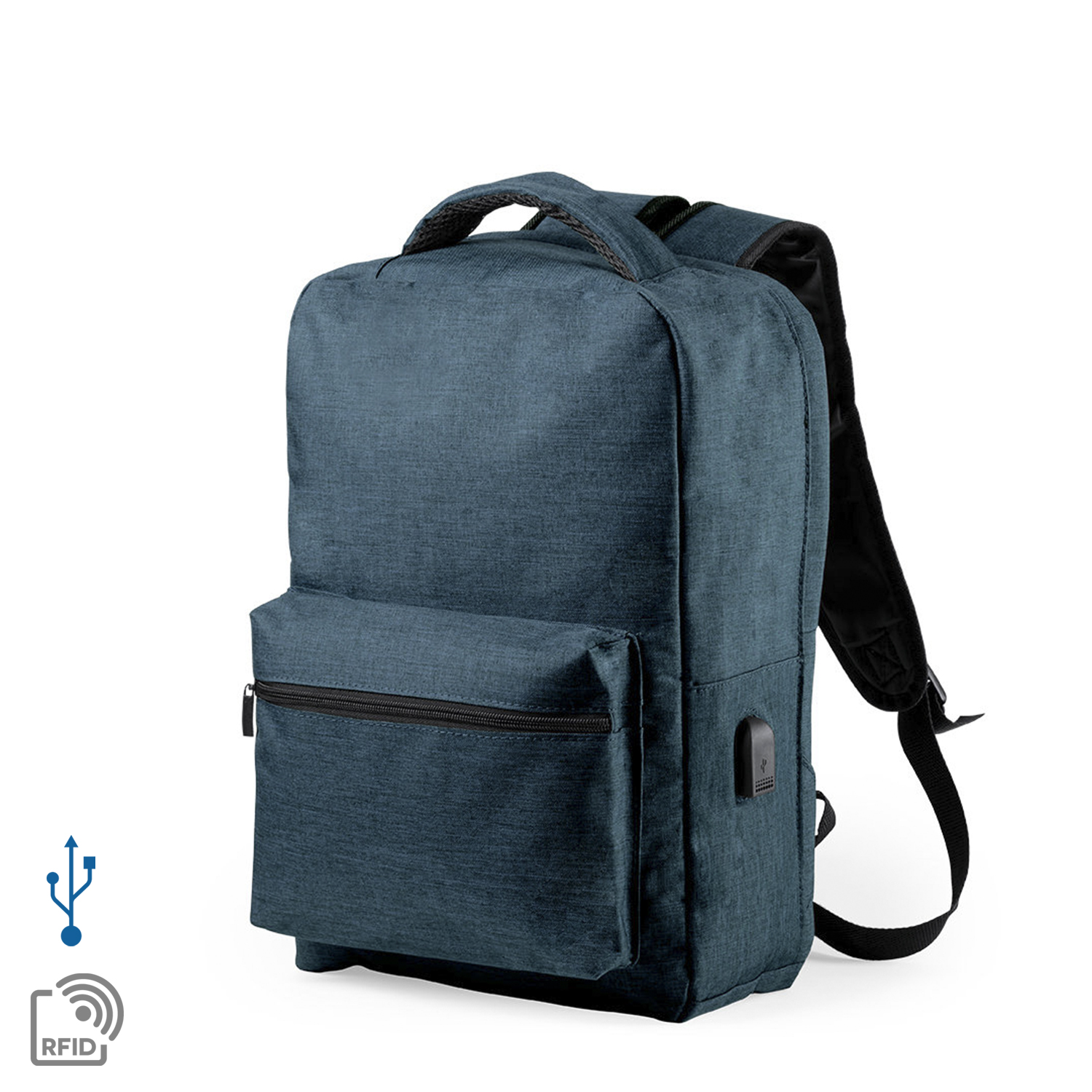 Zaino blu con tasca frontale e porta USB. Sfondo bianco.