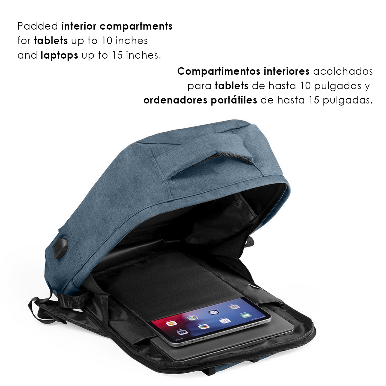 Zaino blu aperto con un tablet e un laptop all'interno. Testo: 'Scomparti interni imbottiti per tablet e laptop'.