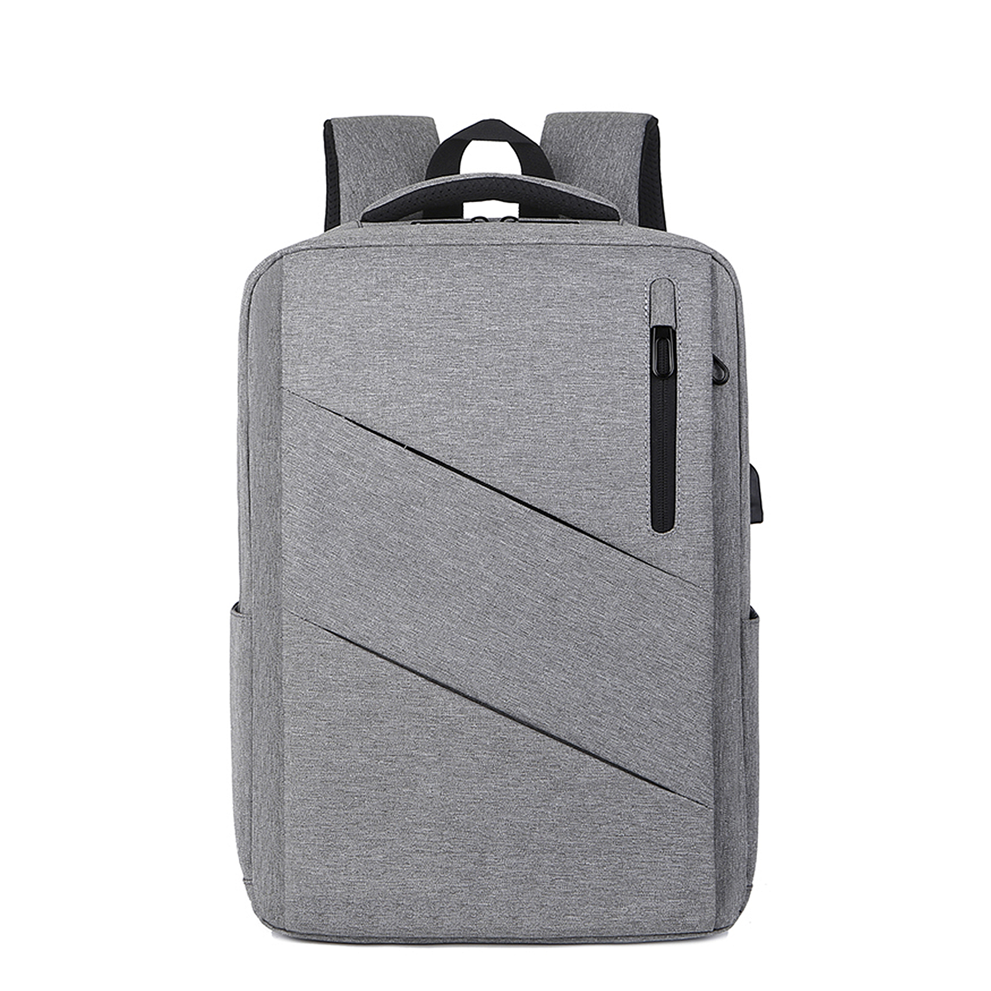 Zaino grigio con tasca diagonale con zip, porta USB e maniglia.