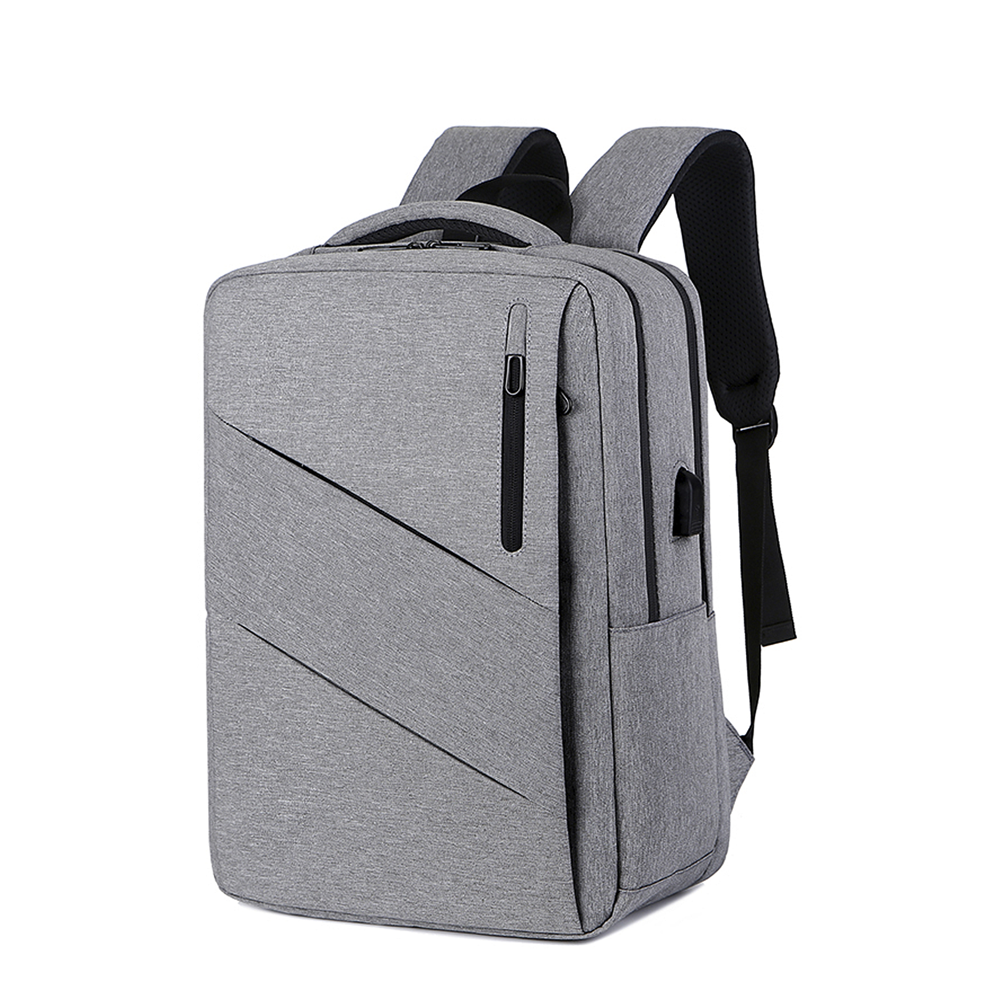 Zaino grigio con linee diagonali. Ha una tasca frontale, una tasca laterale e una porta USB.
