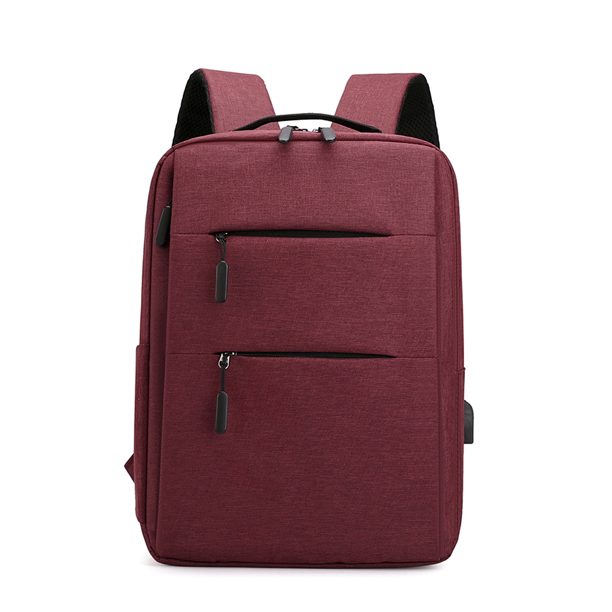 Zaino bordeaux. Presenta due tasche con cerniera. Sfondo bianco.