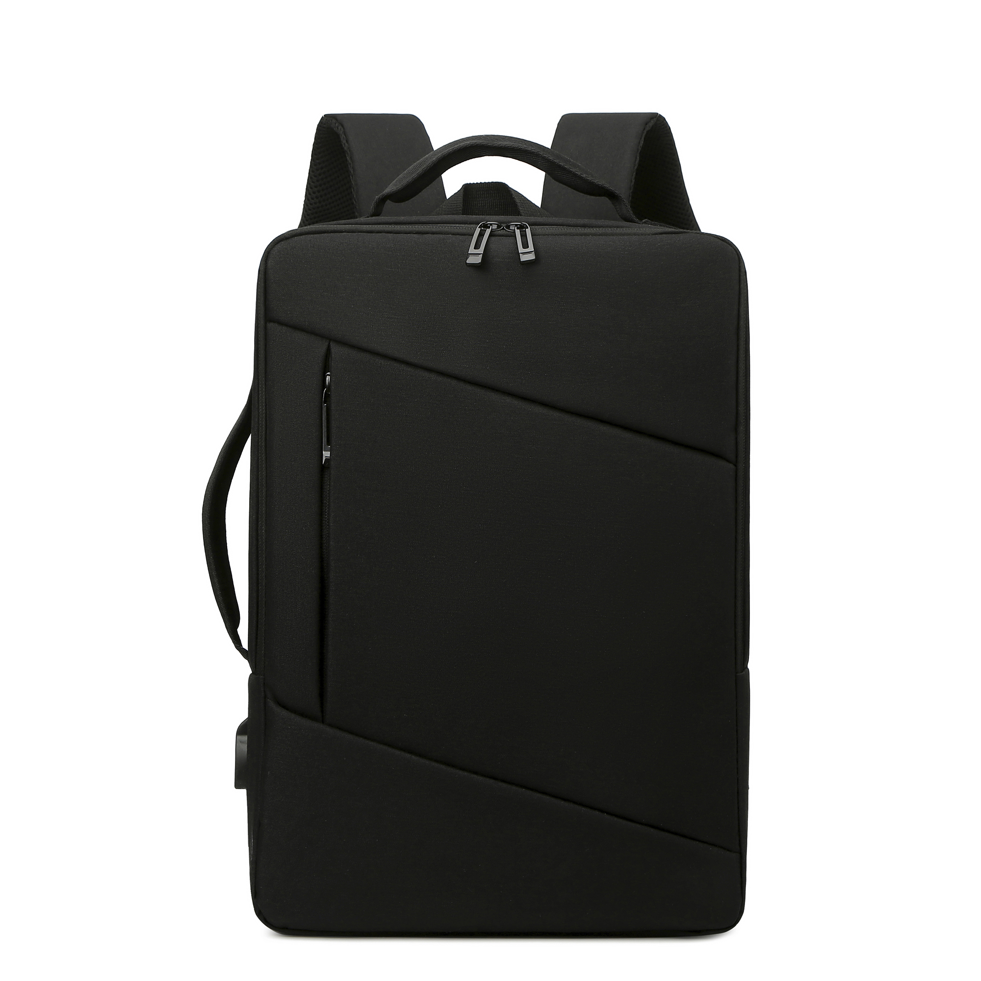 Mochila negra con bolsillo frontal con cremallera, asa y dos correas para los hombros. Puerto USB.