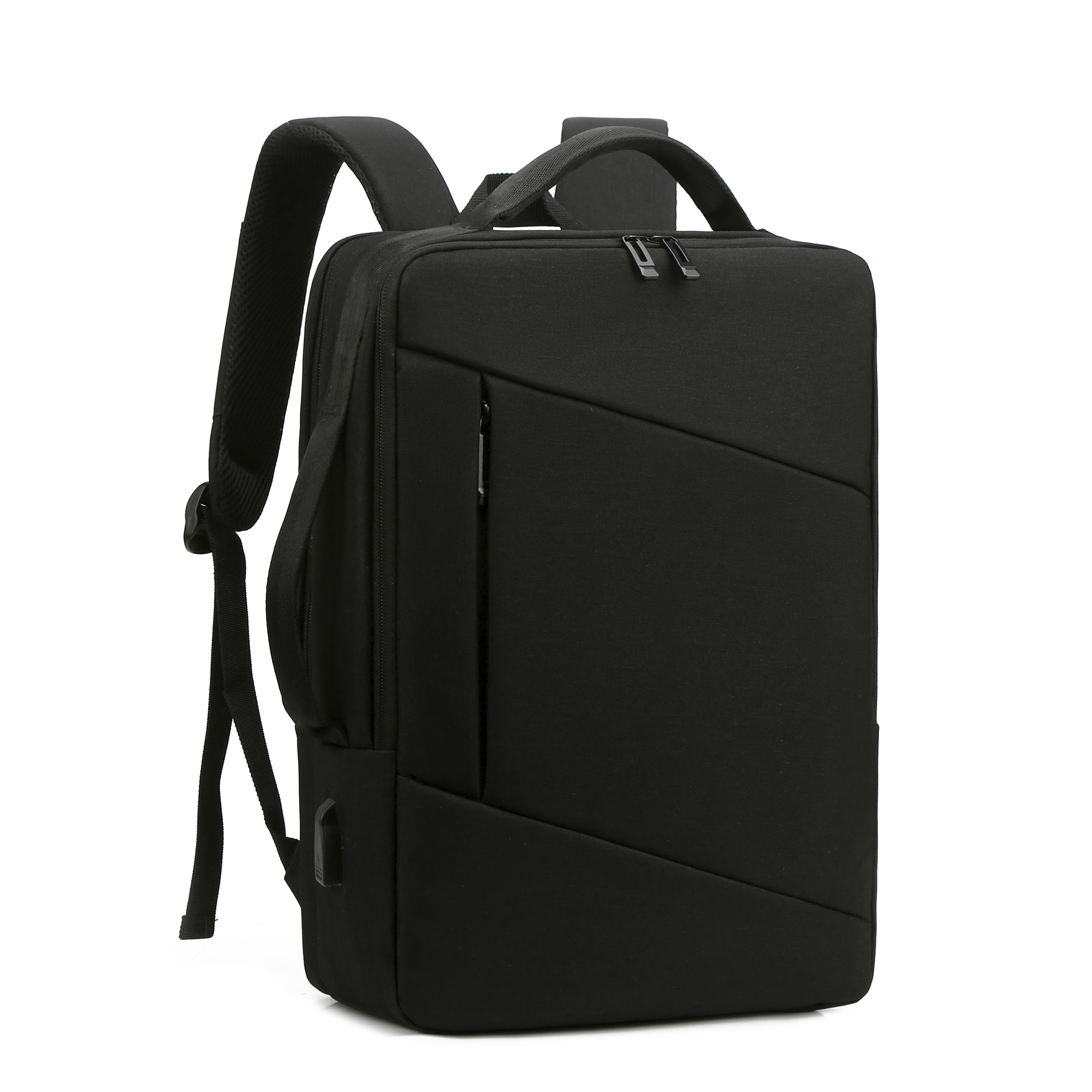 Una mochila negra con un diseño plano y rectangular, con dos correas. El fondo es blanco.
