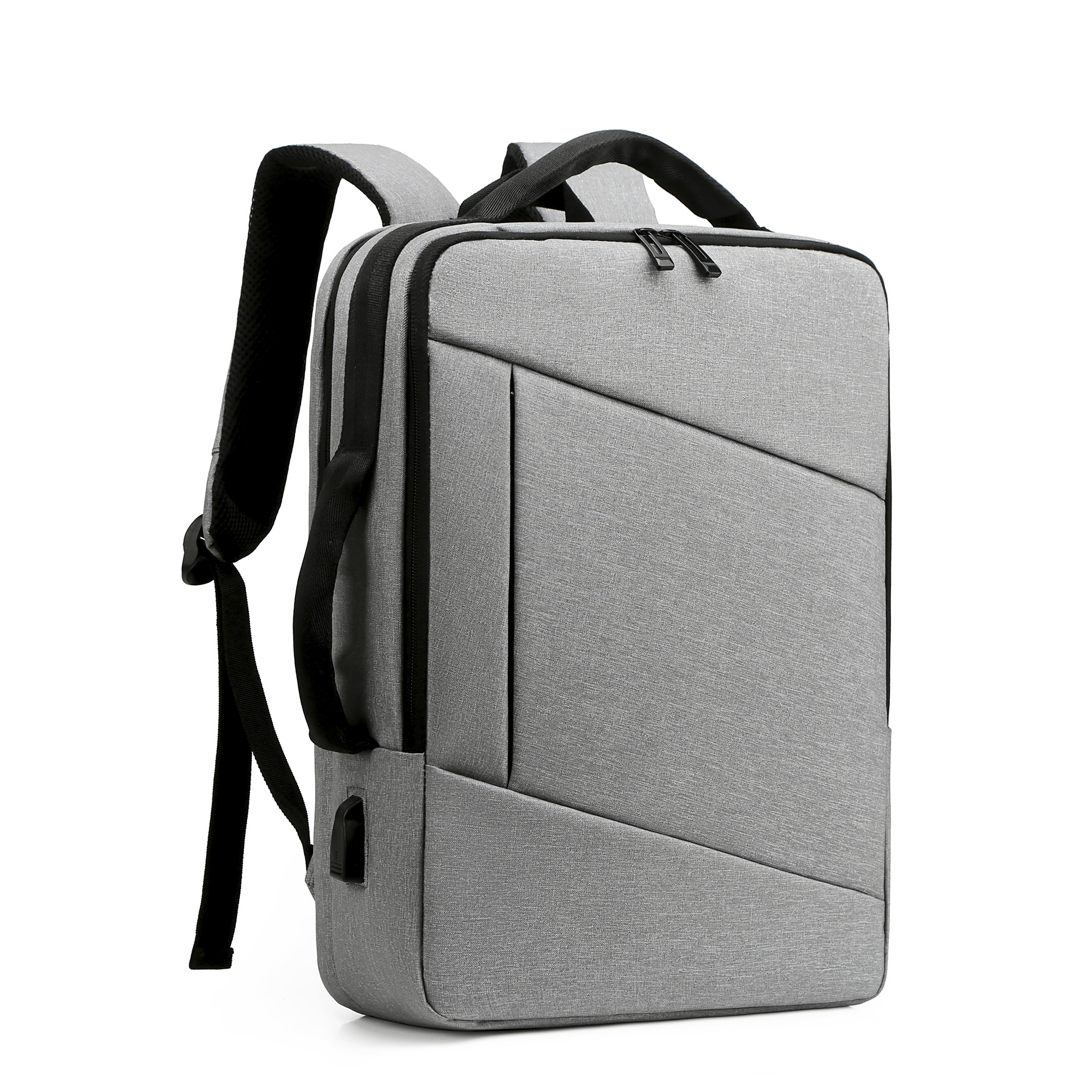 Borsa grigia per laptop su sfondo bianco. Cinghie e cerniera nere.