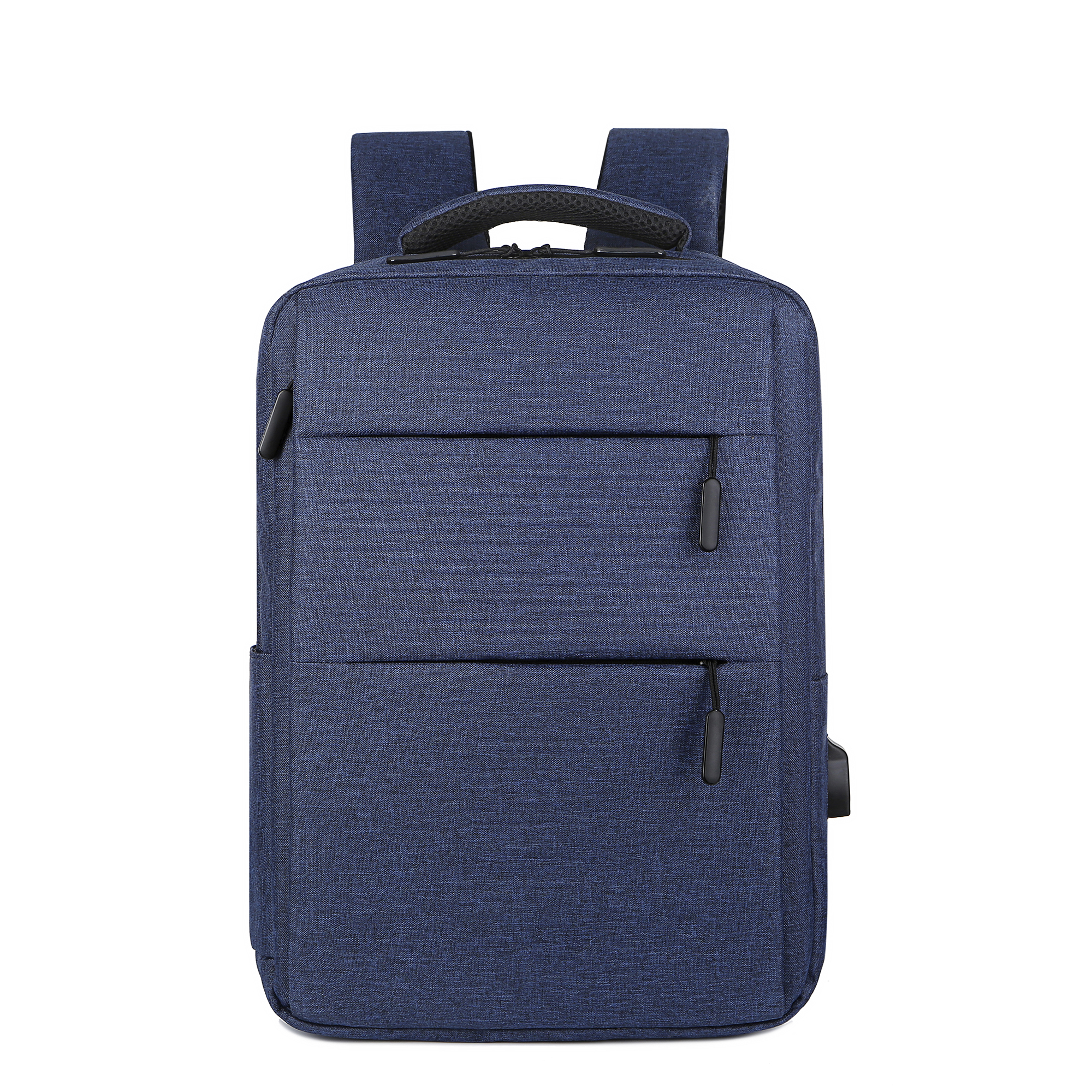 Zaino blu con tasca frontale. Cerniere nere e manico sopra. Design semplice.