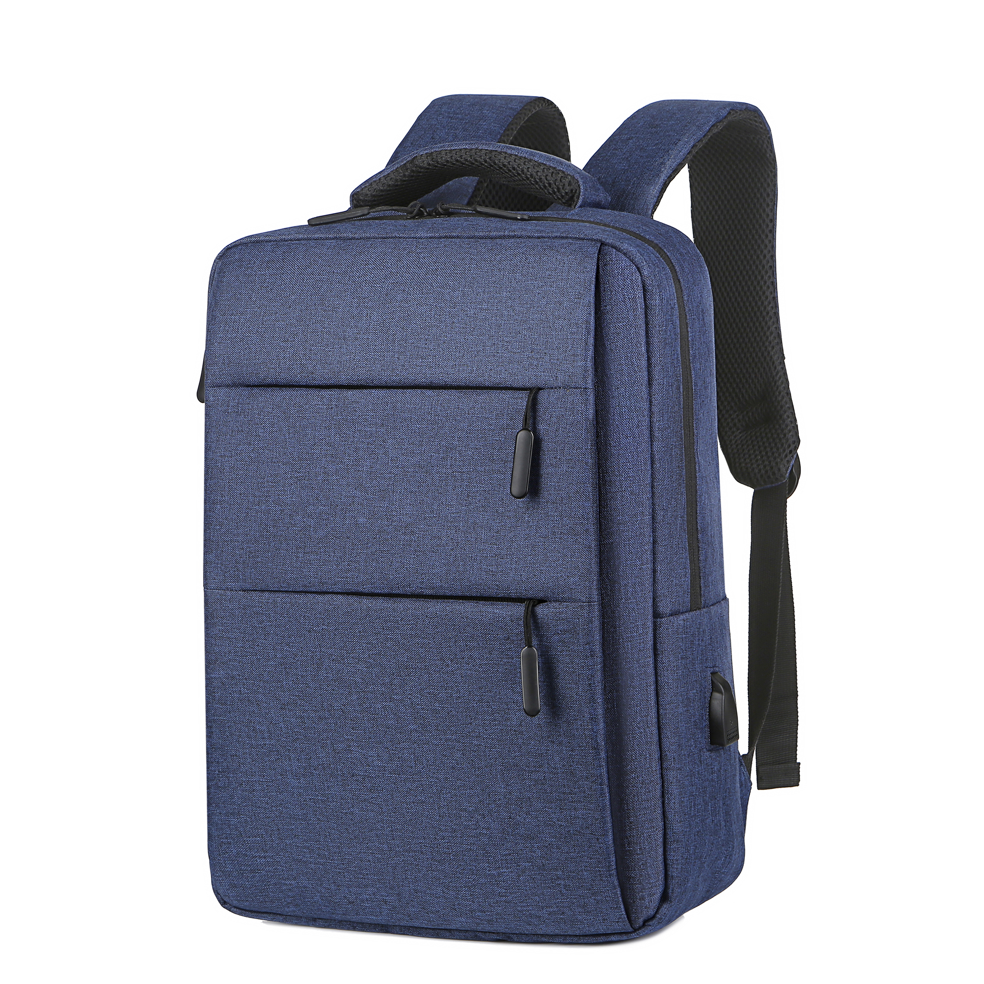 Uno zaino blu con una tasca frontale e due tasche laterali viene visualizzato.