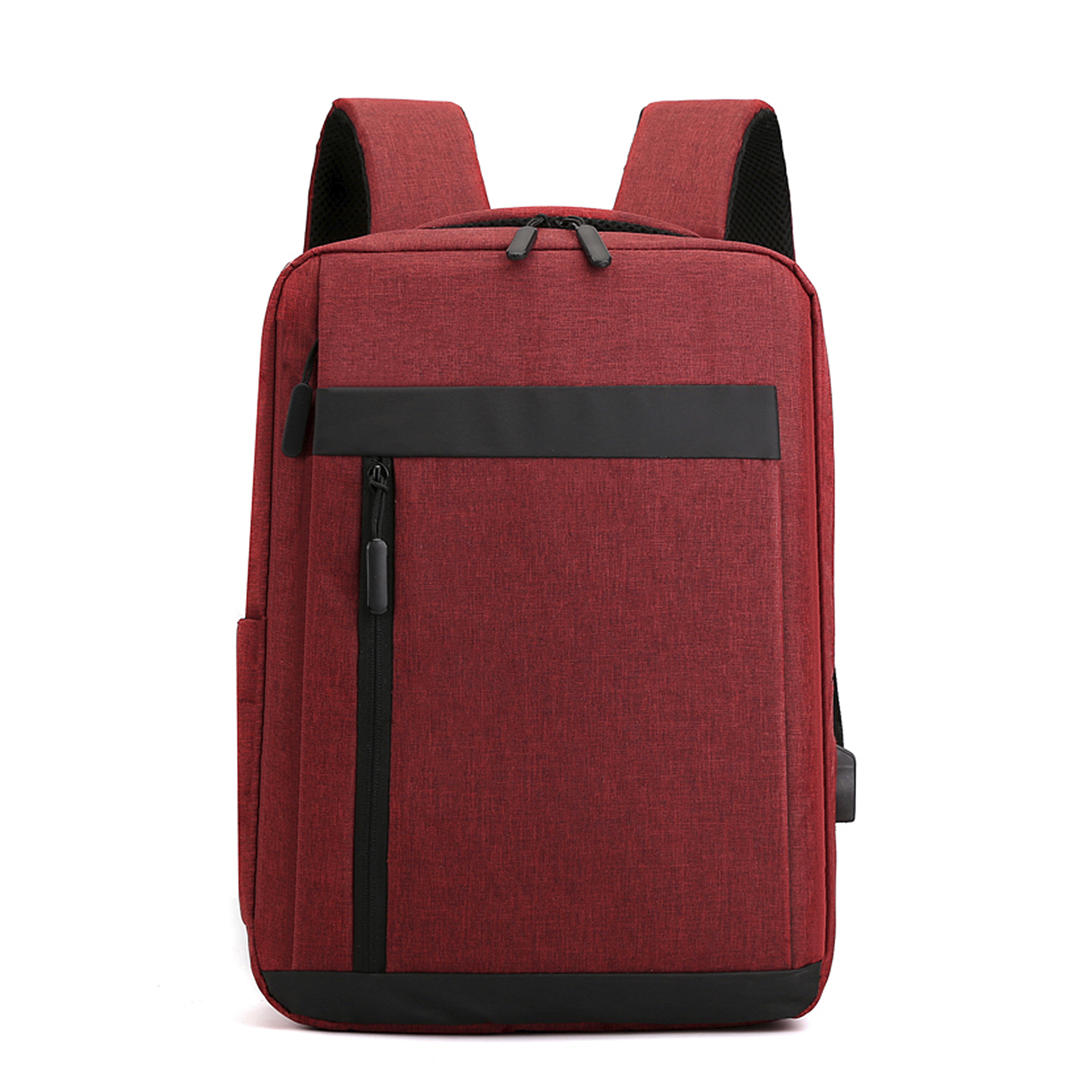 Zaino rosso, cerniera nera, finiture nere, tasca frontale, sfondo bianco.
