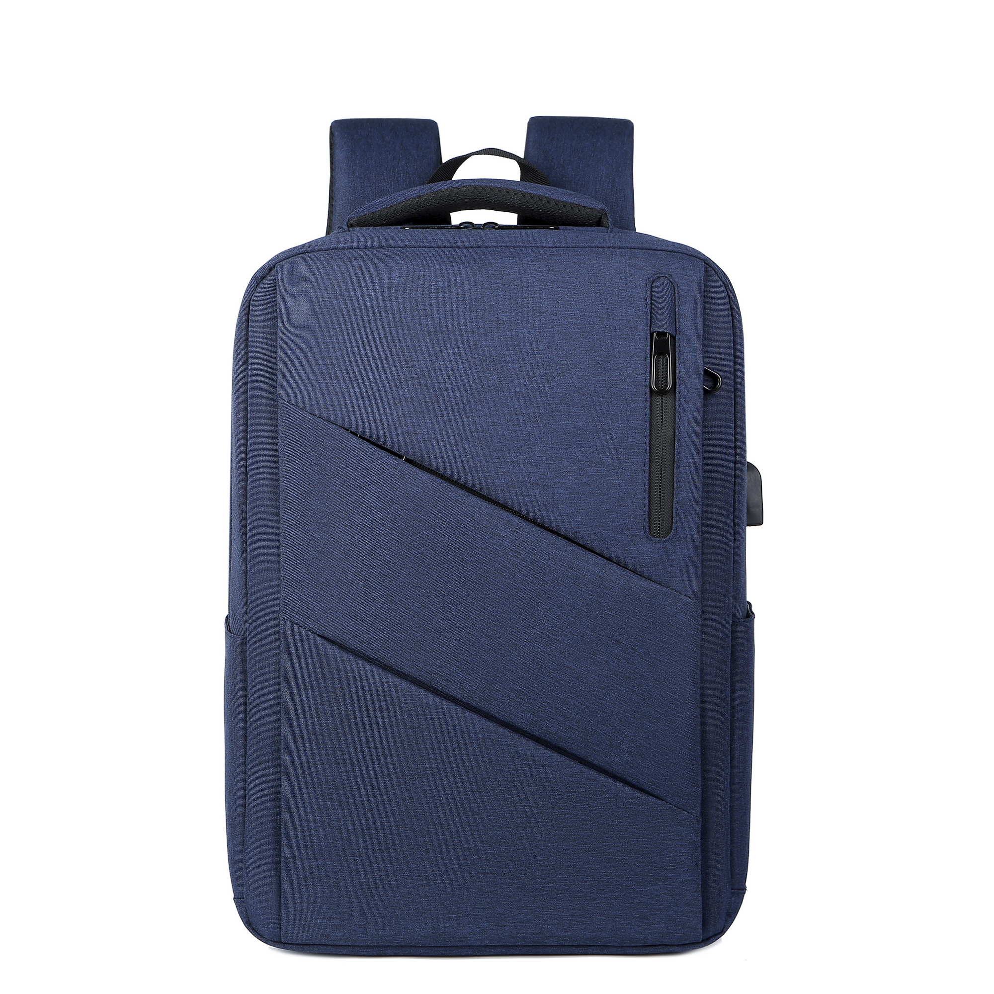 Zaino blu navy con tasche anteriori con cerniera e porta USB. Sfondo bianco.