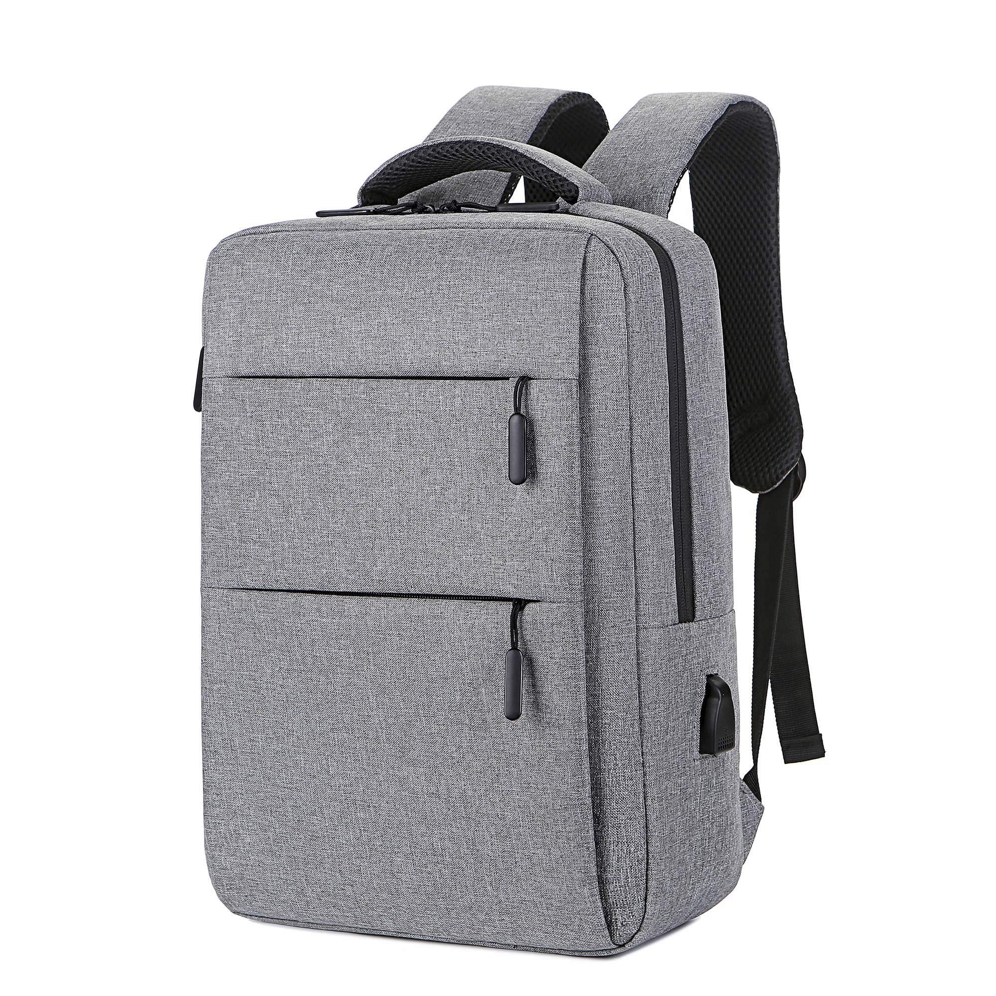 Zaino grigio con due tasche frontali, cinghie nere e una porta USB.