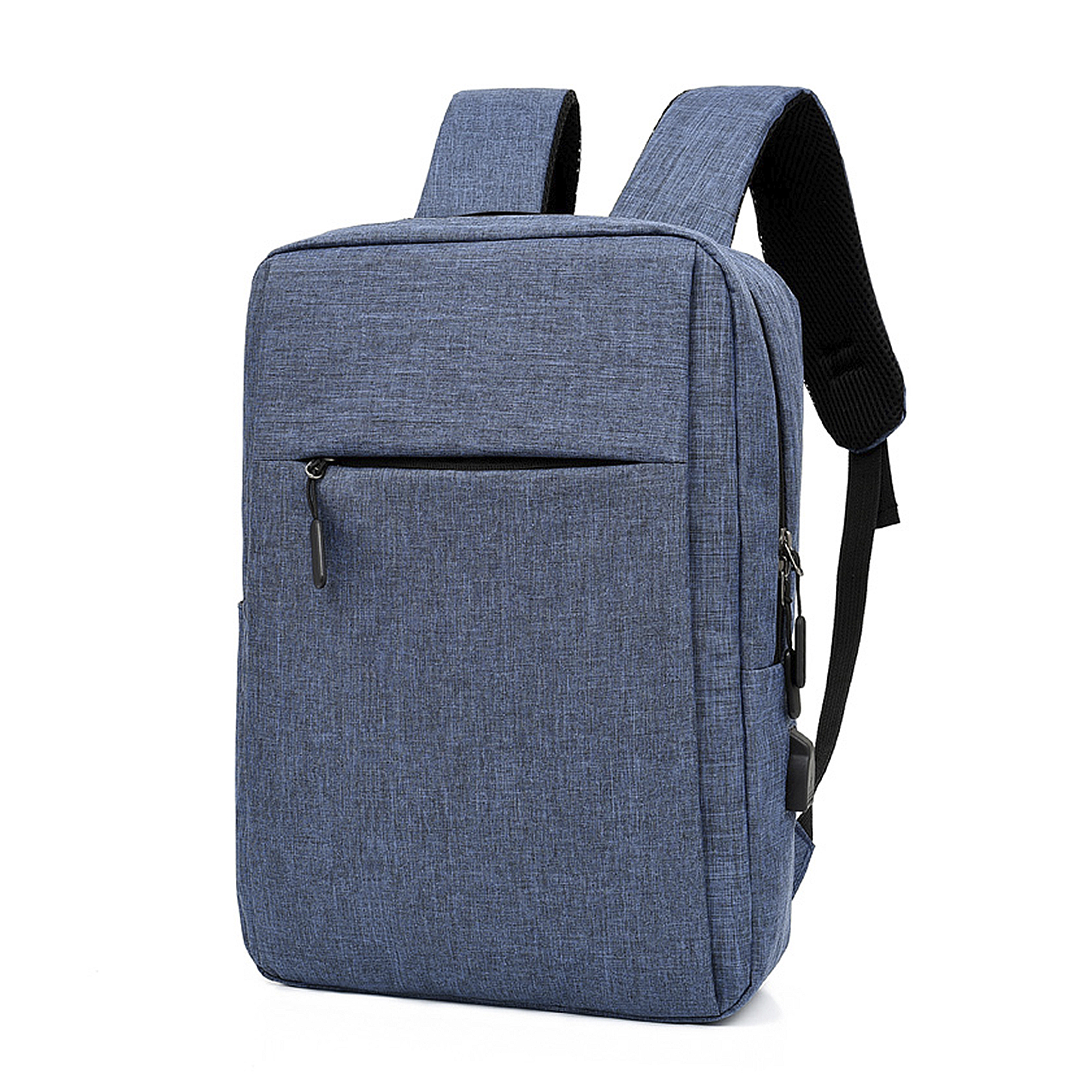 Zaino blu con tasca frontale e porta USB. La borsa è su sfondo bianco.